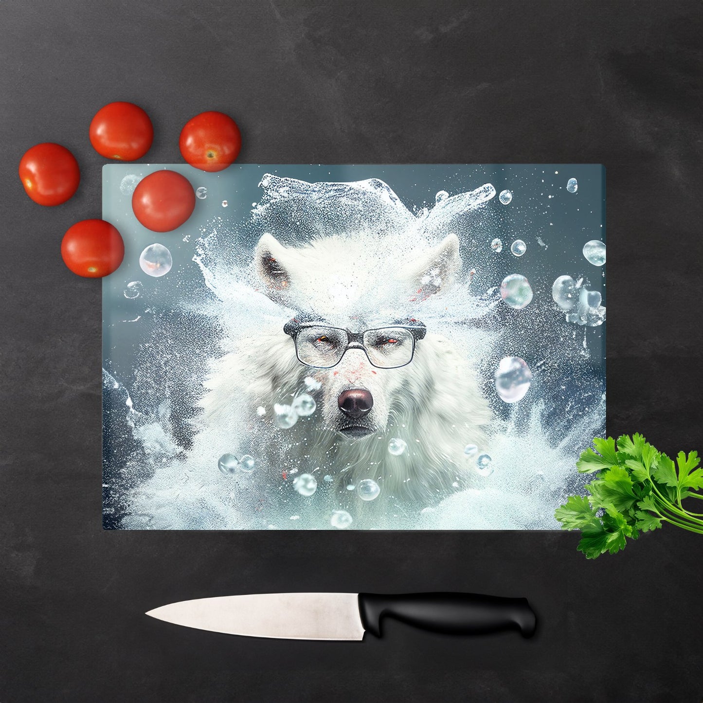 White Wolf With Glasses Splashart Glass Chopping Board