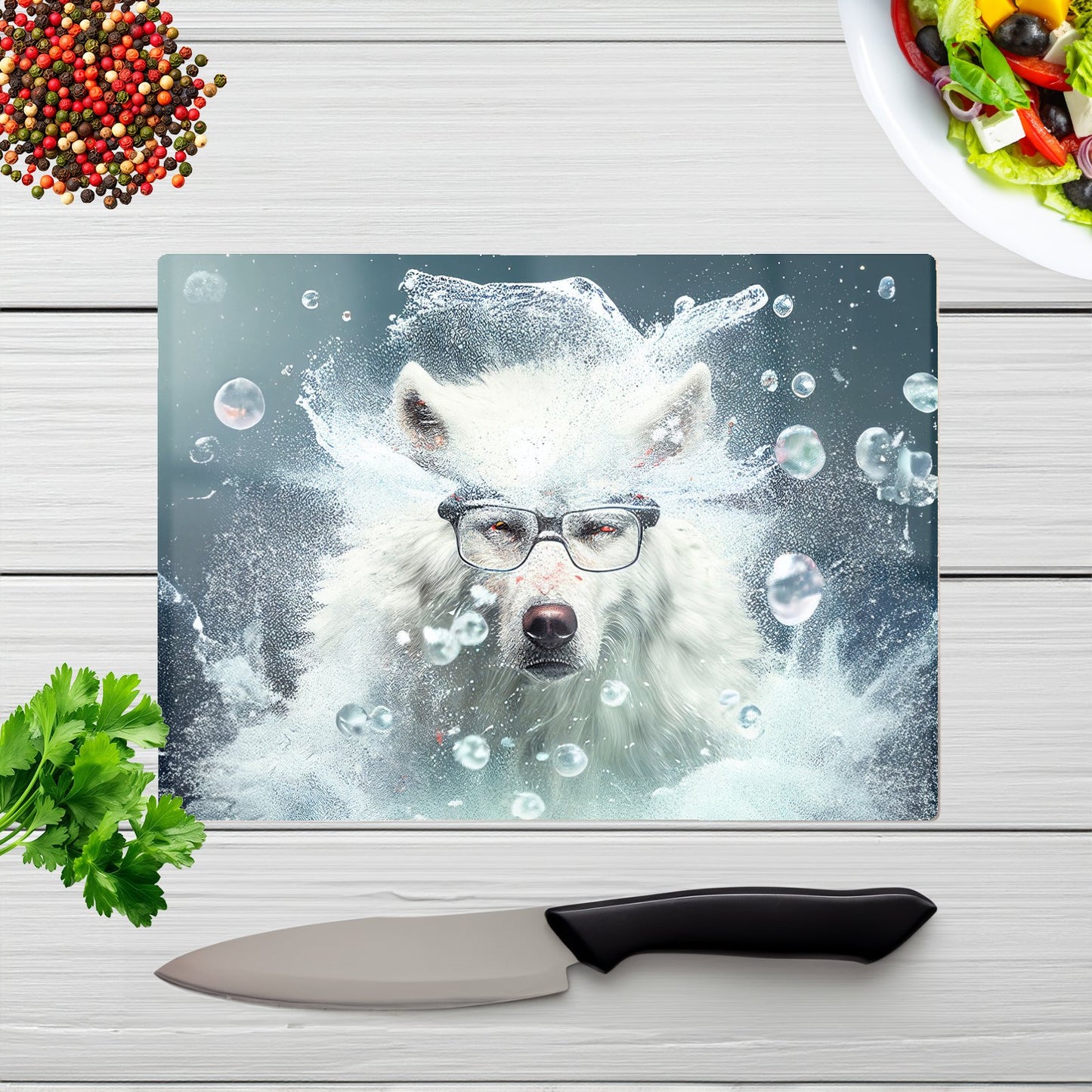 White Wolf With Glasses Splashart Glass Chopping Board