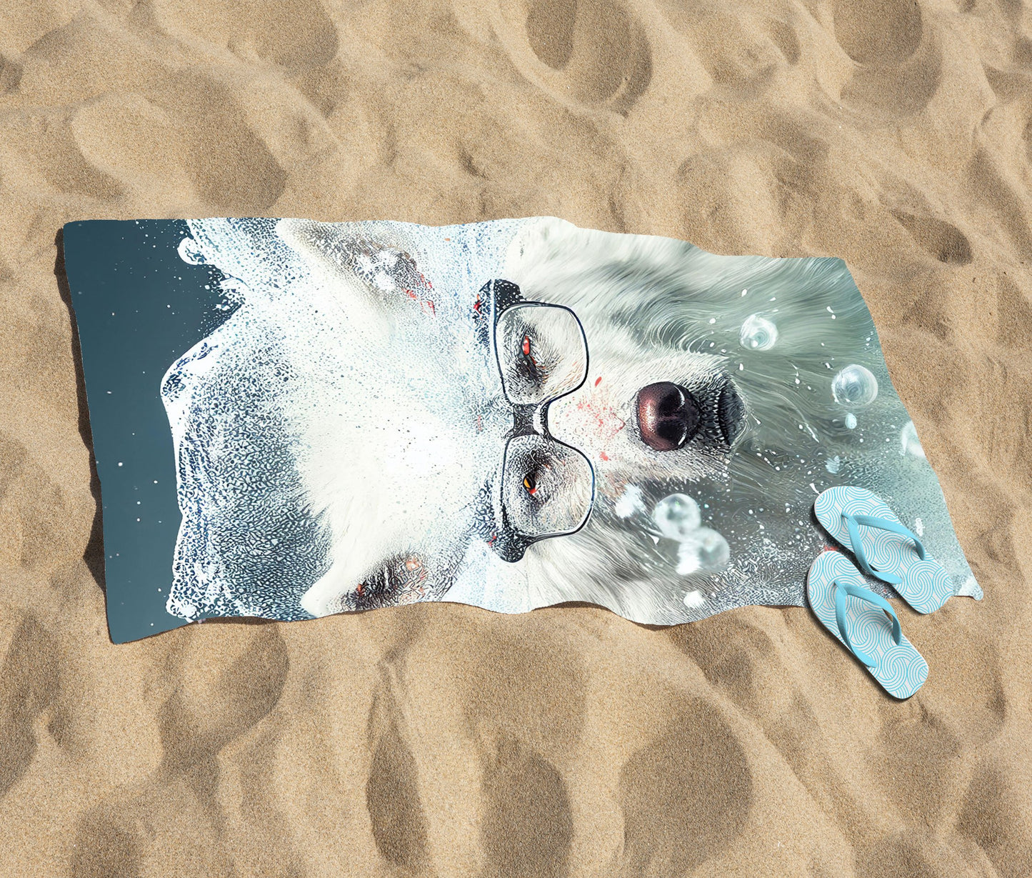 White Wolf With Glasses Splashart Beach Towel
