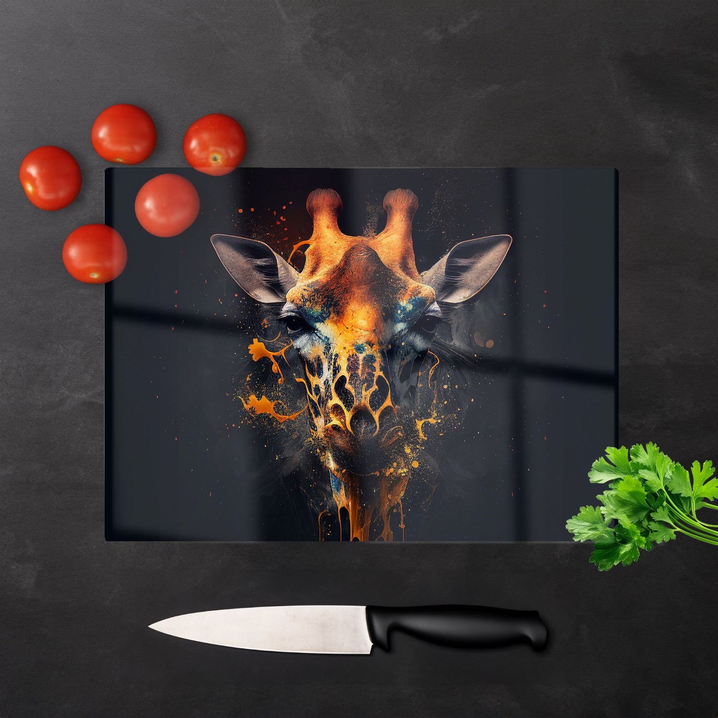 Golden Giraffe Face Splashart Glass Chopping Board