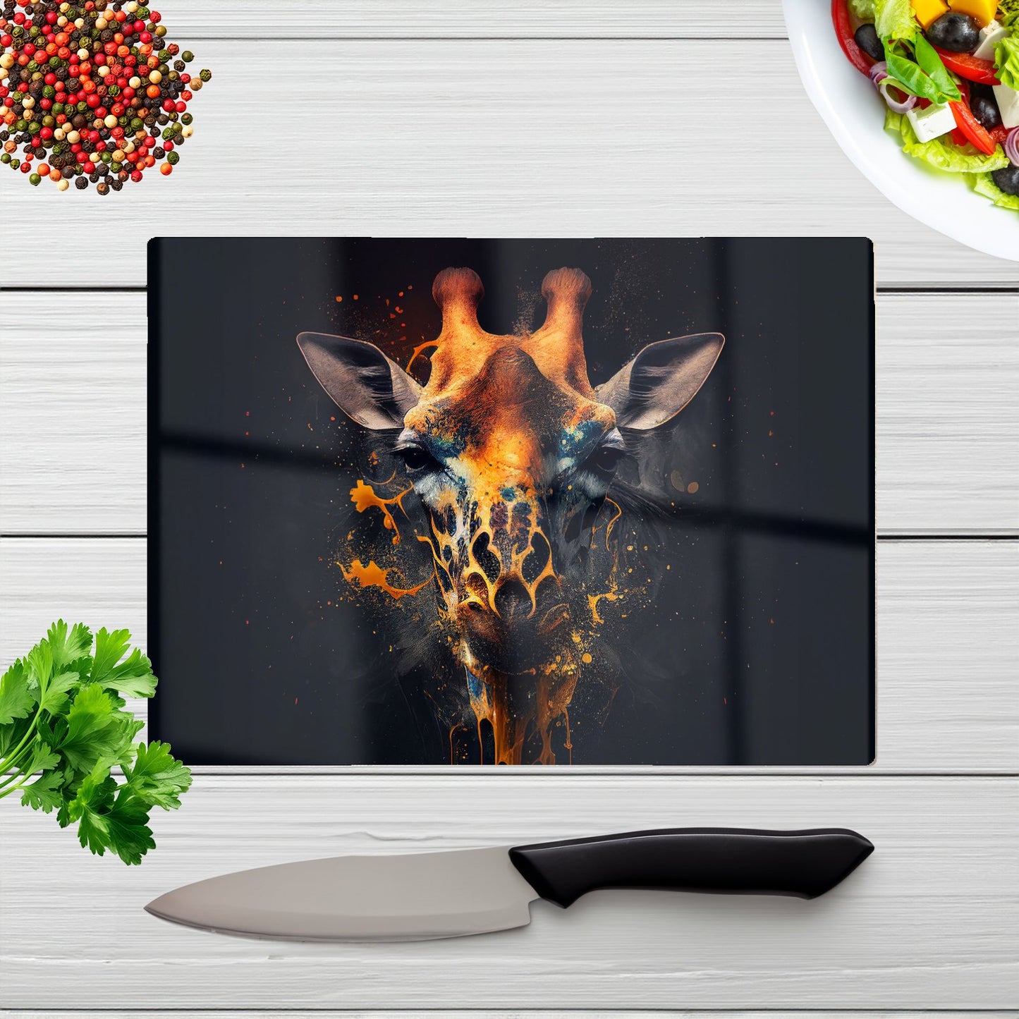 Golden Giraffe Face Splashart Glass Chopping Board