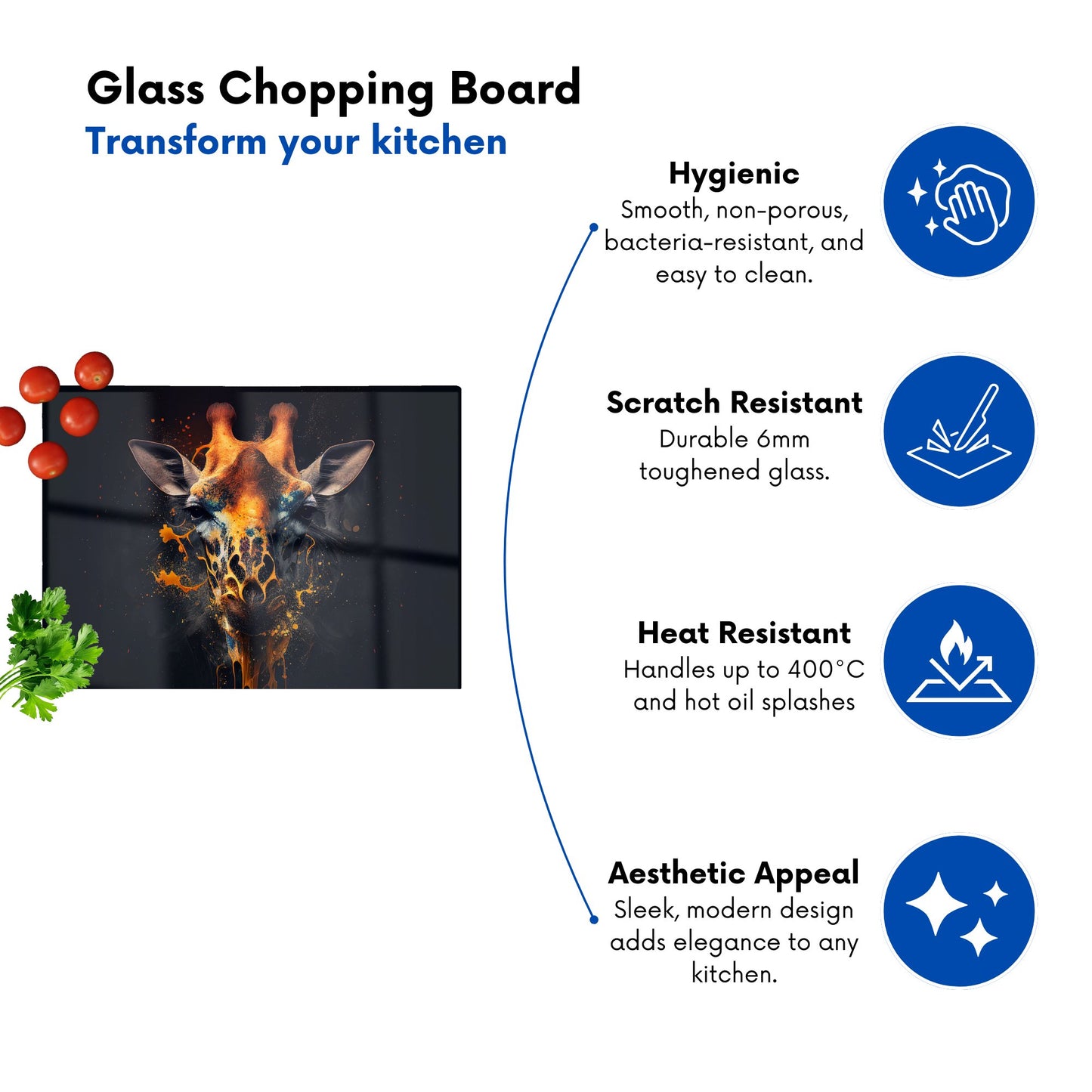 Golden Giraffe Face Splashart Glass Chopping Board