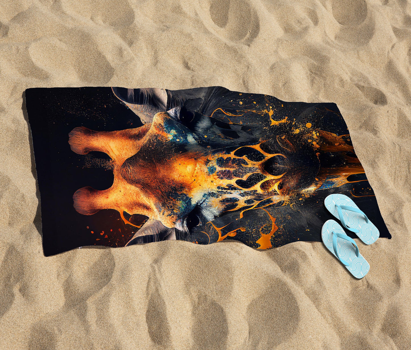 Golden Giraffe Face Splashart Beach Towel