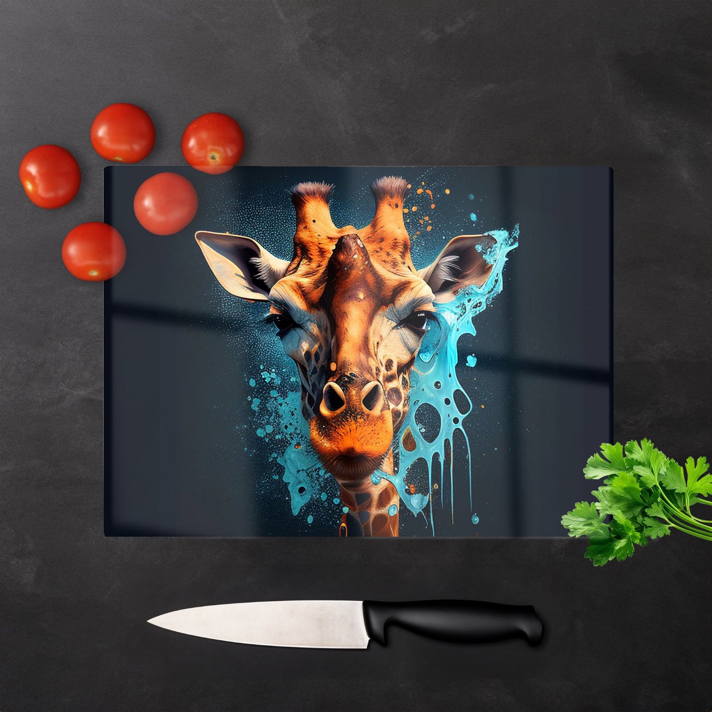 Blue Giraffe Face Splashart Glass Chopping Board