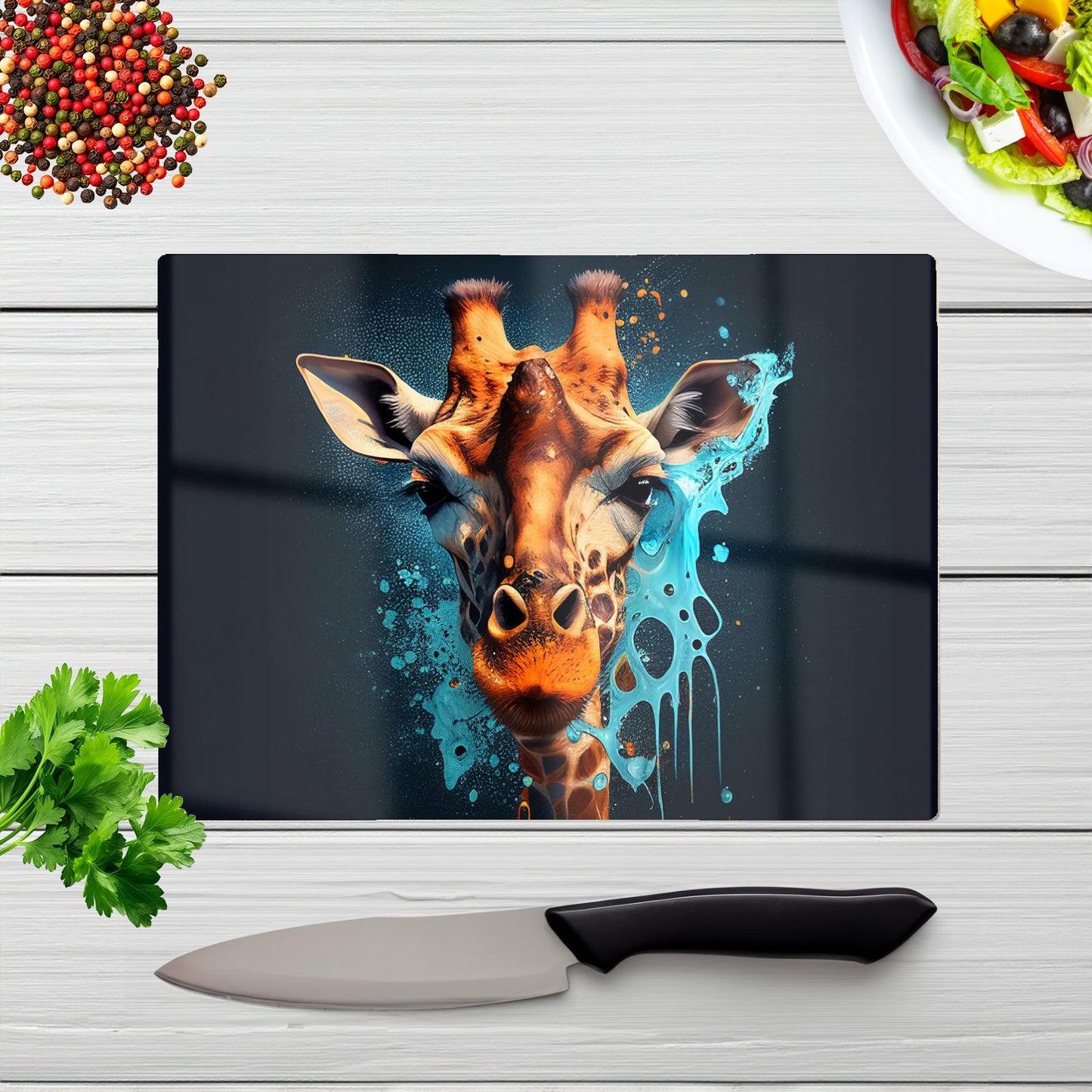 Blue Giraffe Face Splashart Glass Chopping Board
