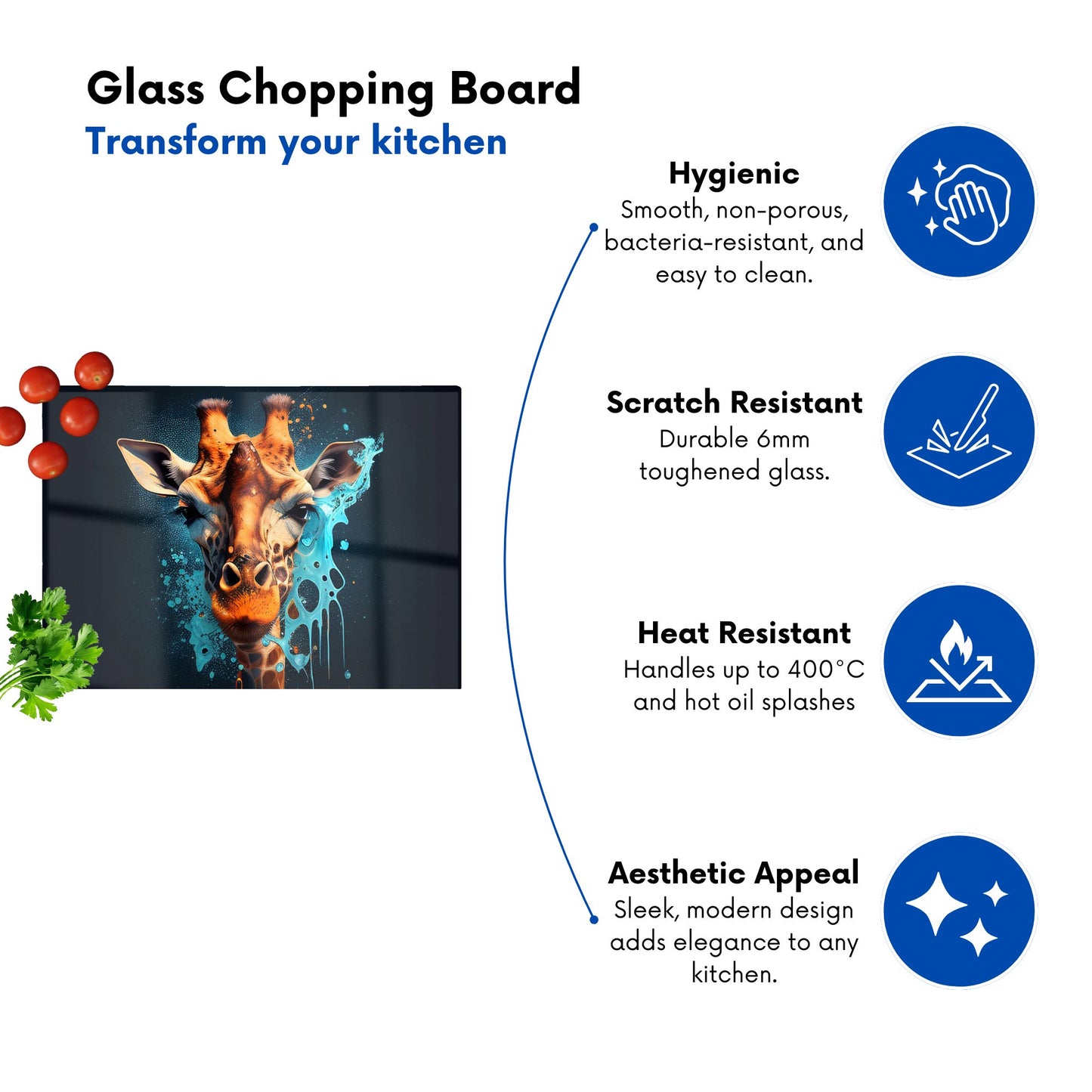 Blue Giraffe Face Splashart Glass Chopping Board
