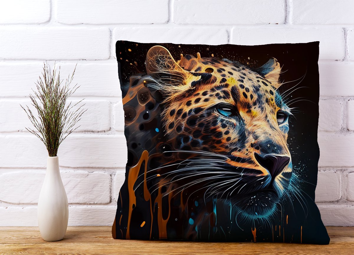 Leapoard Face Splashart On Dark Background Cushions