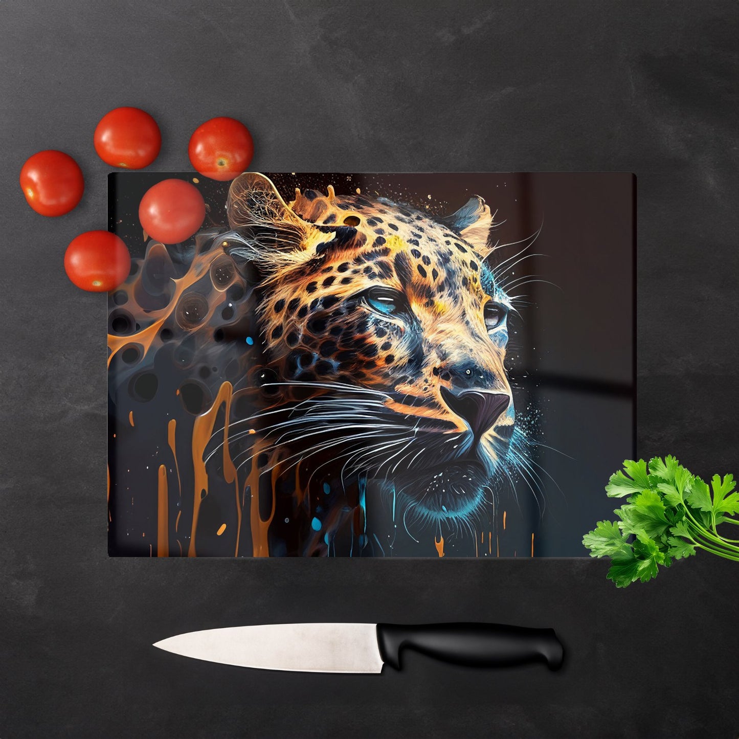 Leapoard Face Splashart Dark Background Glass Chopping Board