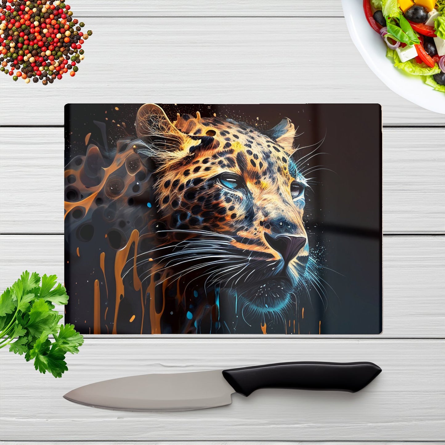 Leapoard Face Splashart Dark Background Glass Chopping Board