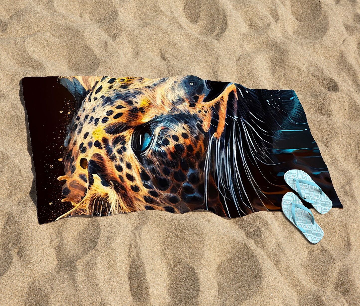Leapoard Face Splashart, Dark Background Beach Towel