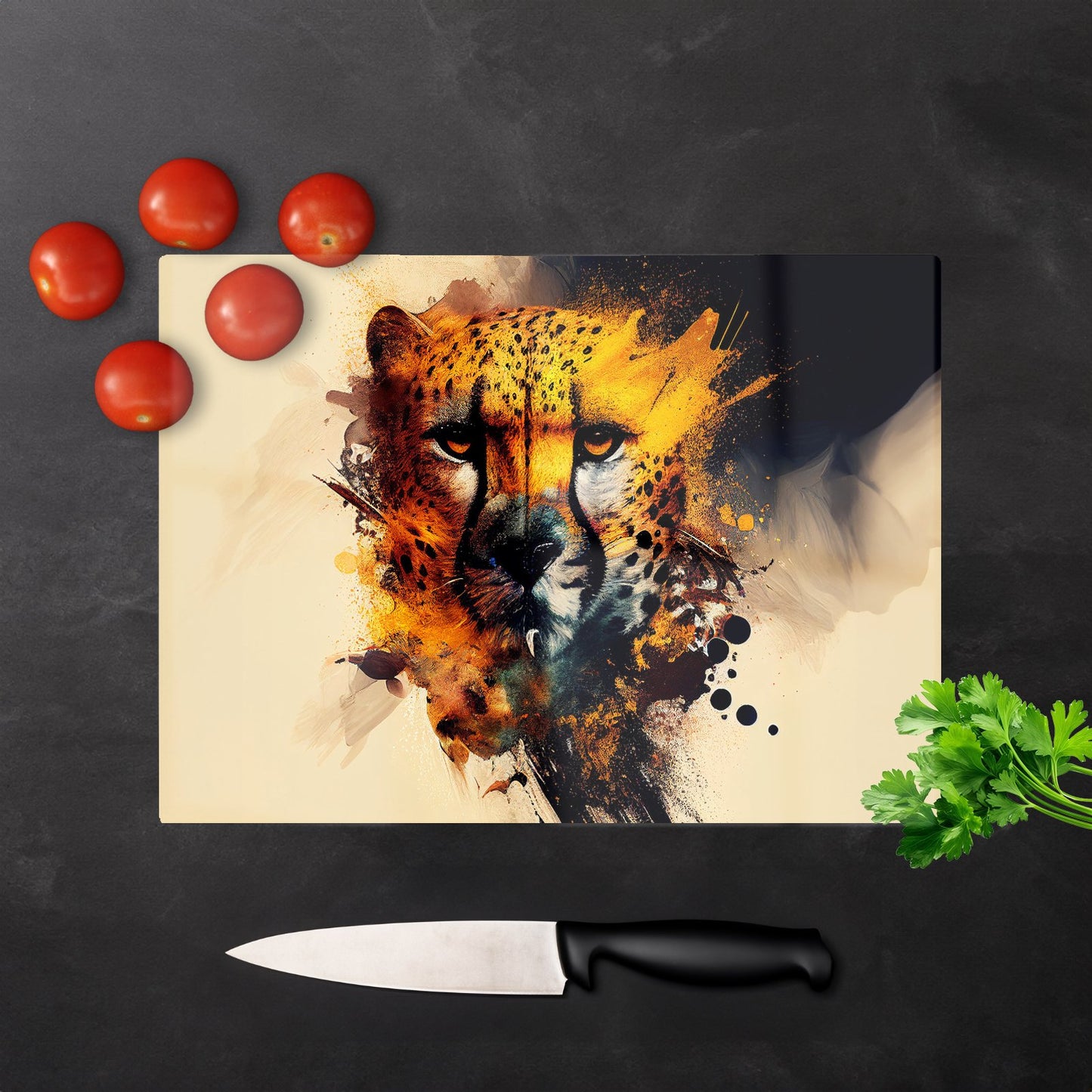 Cheetah Face Splashart Glass Chopping Board