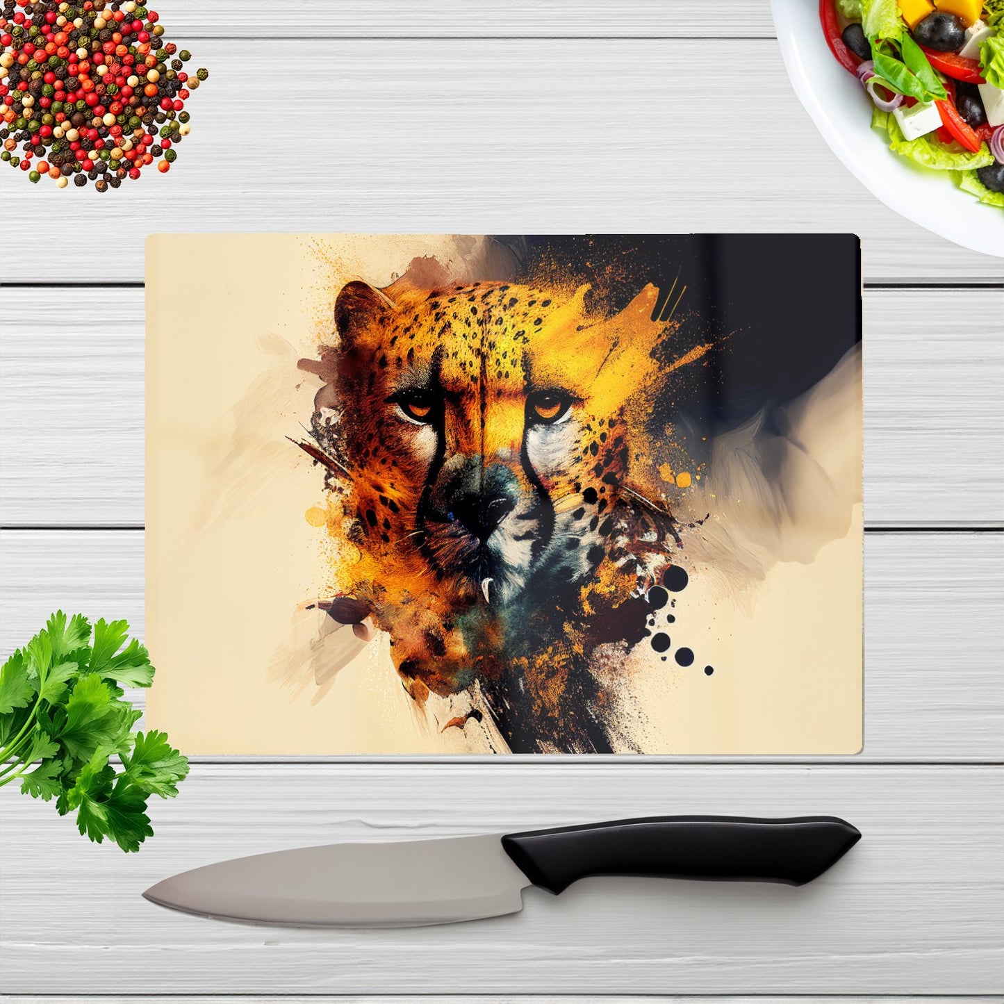 Cheetah Face Splashart Glass Chopping Board