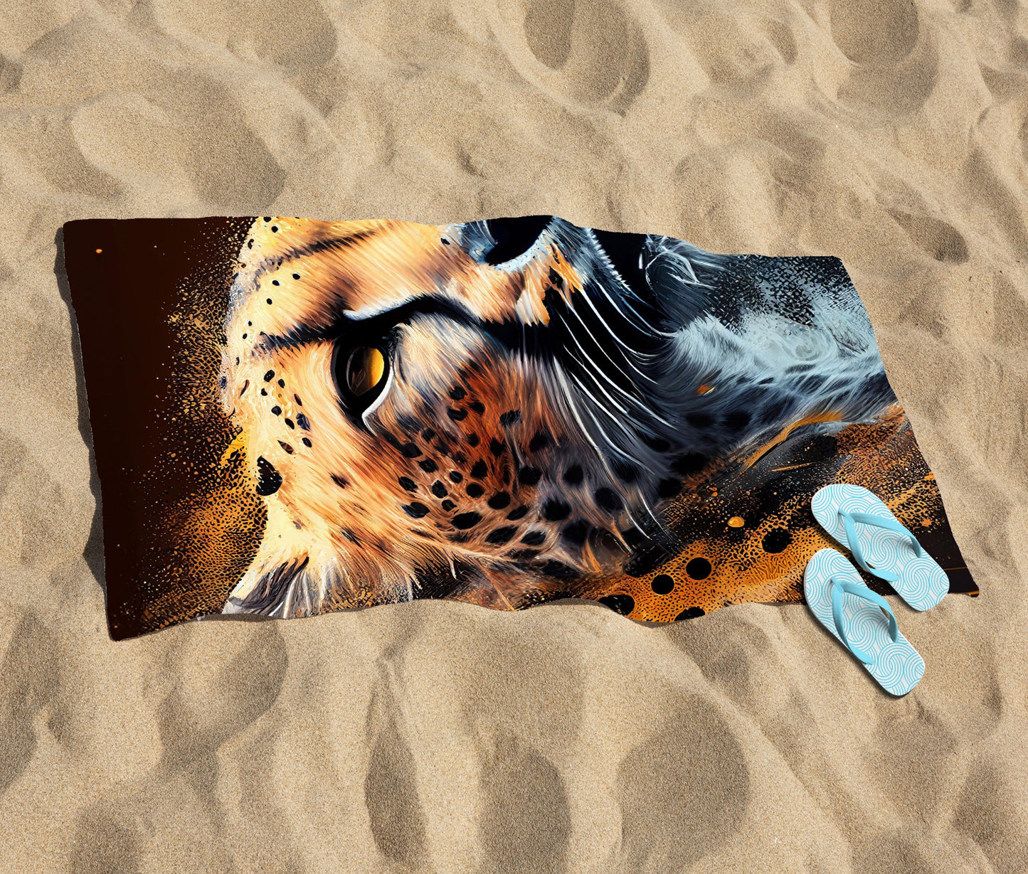 Cheetah Face Splashart Dark Background Beach Towel