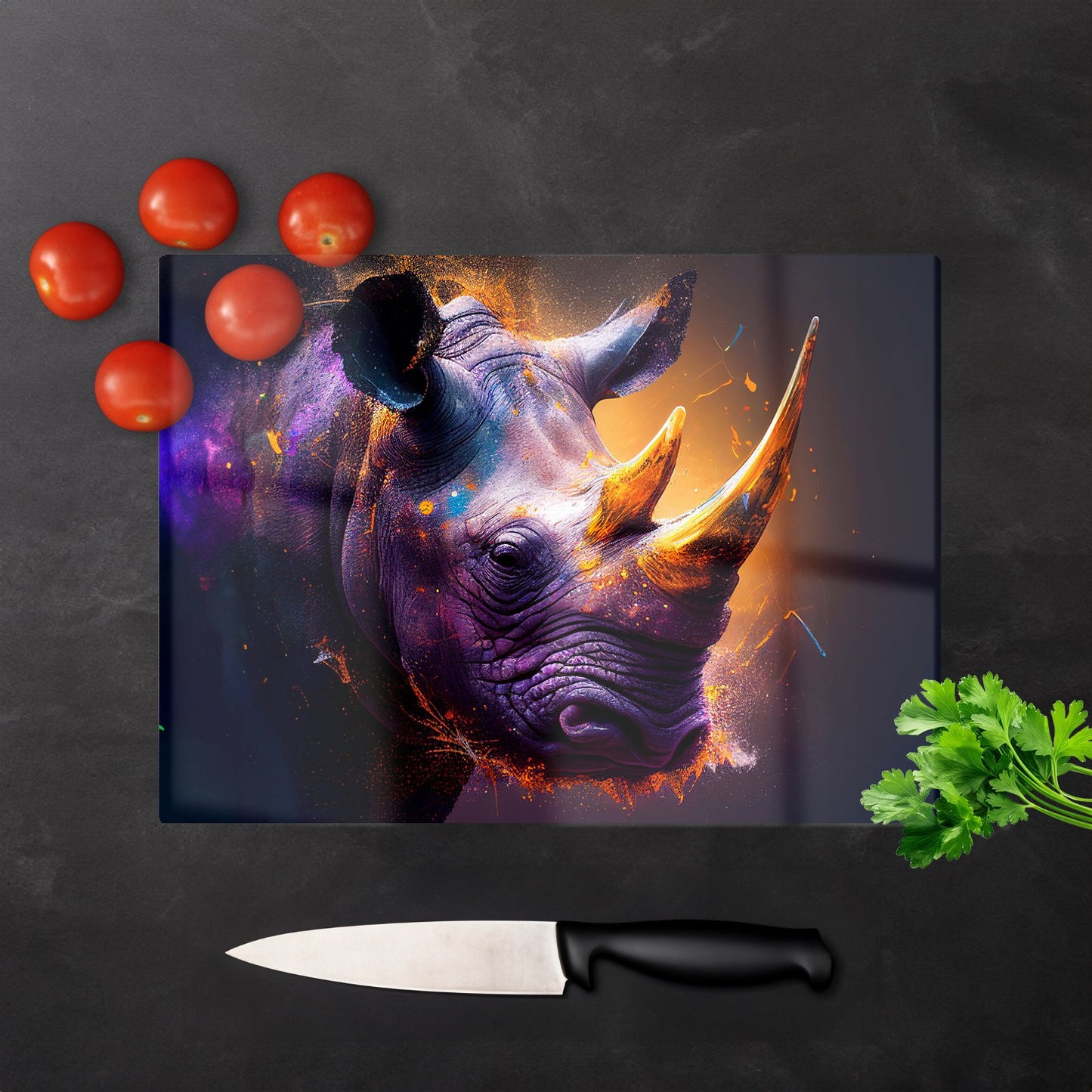 Golden Rhino Face Splashart Glass Chopping Board