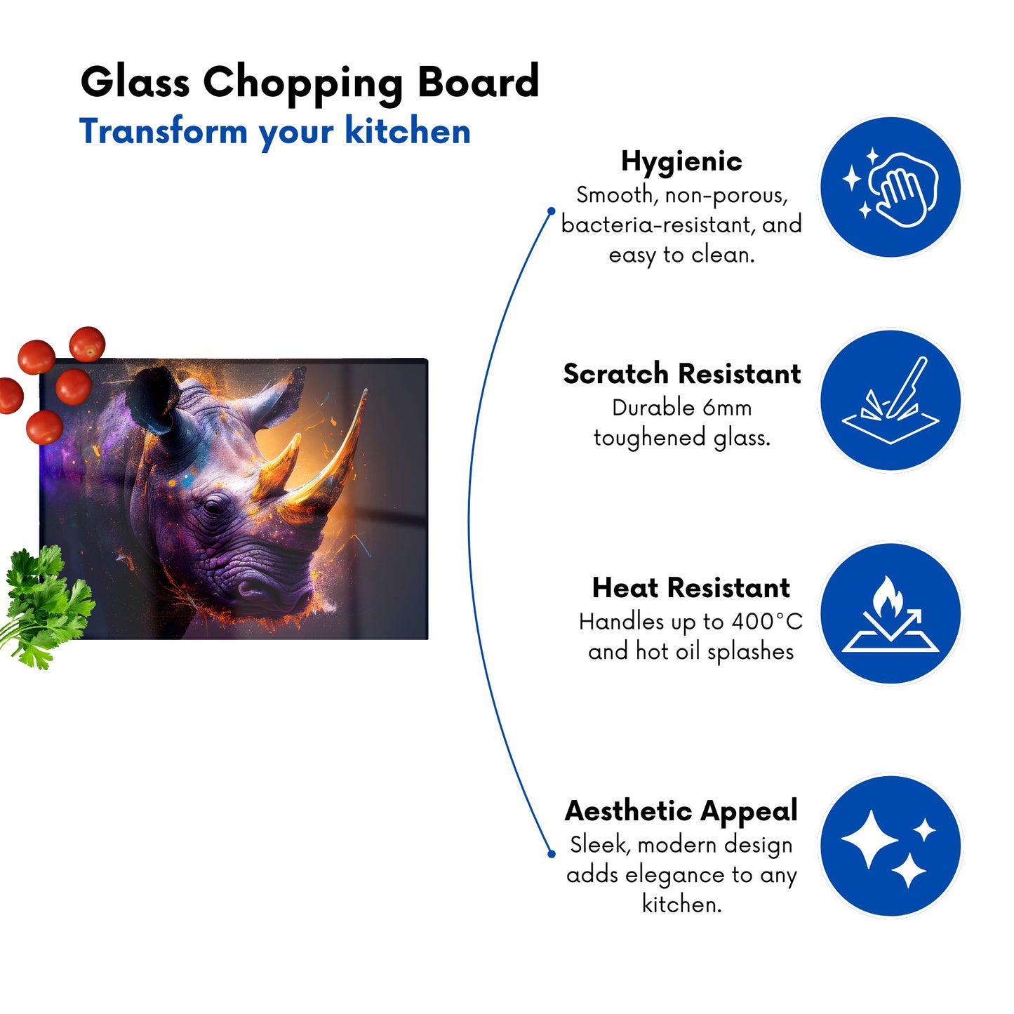 Golden Rhino Face Splashart Glass Chopping Board