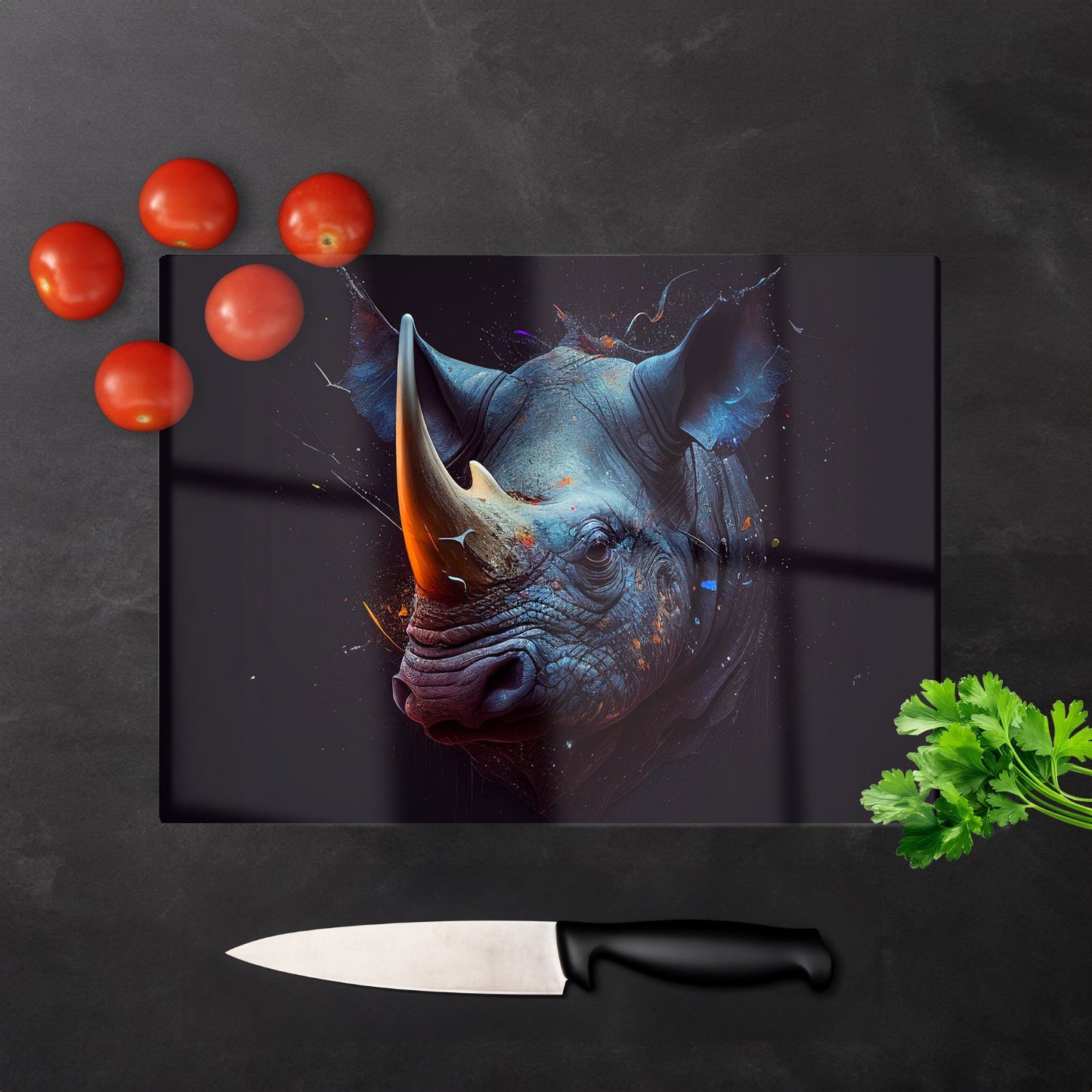 Rhino Face Splashart Glass Chopping Board