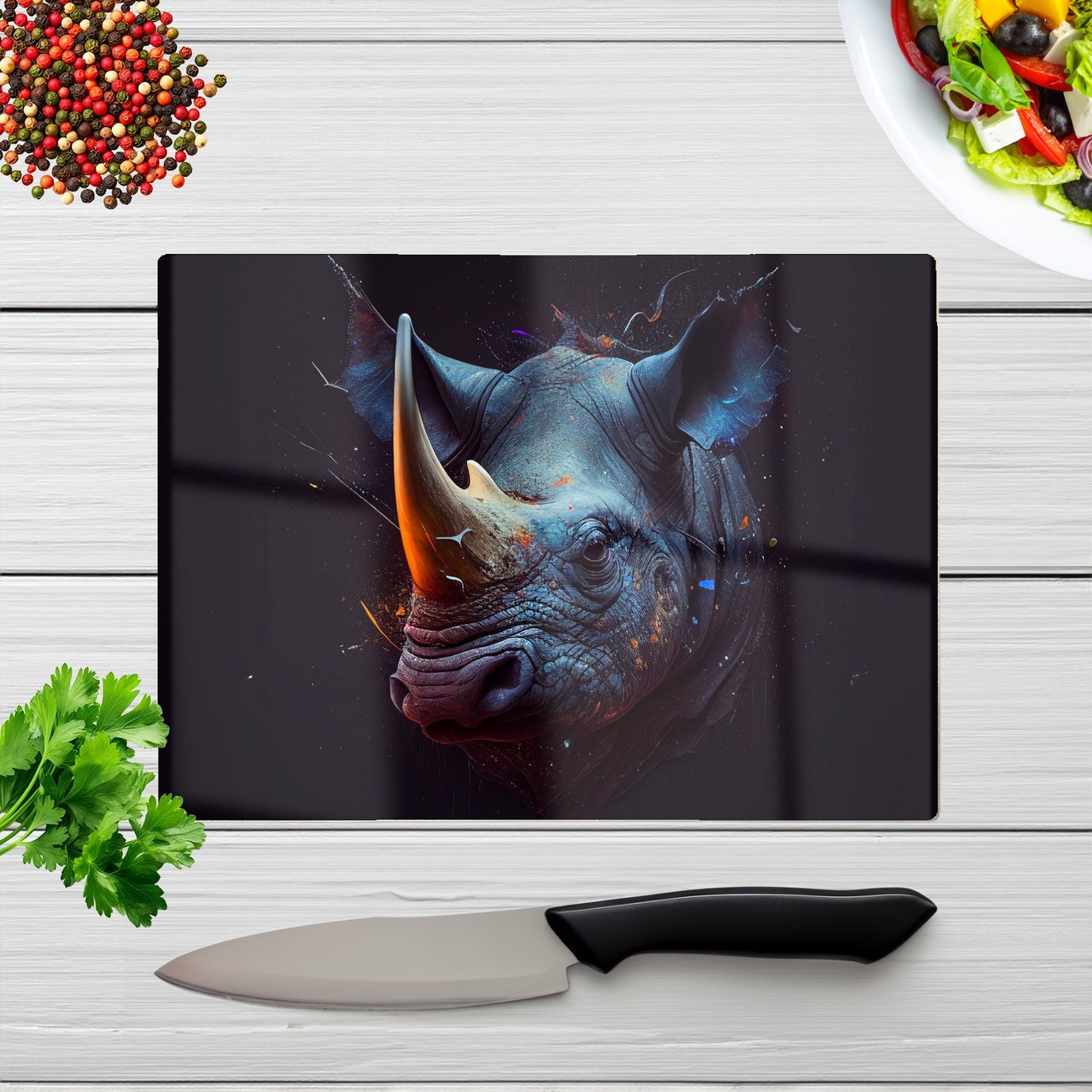 Rhino Face Splashart Glass Chopping Board