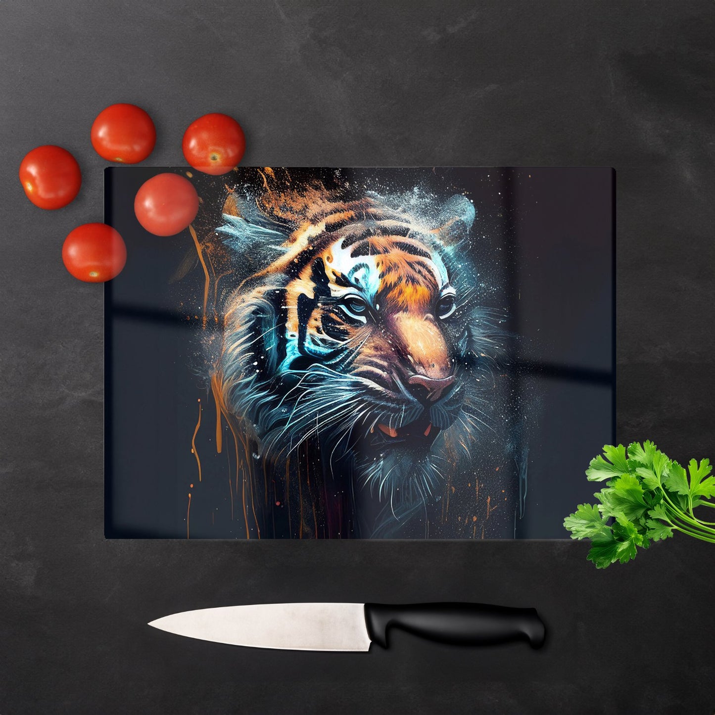 Tiger Face Splashart Dark Background Glass Chopping Board