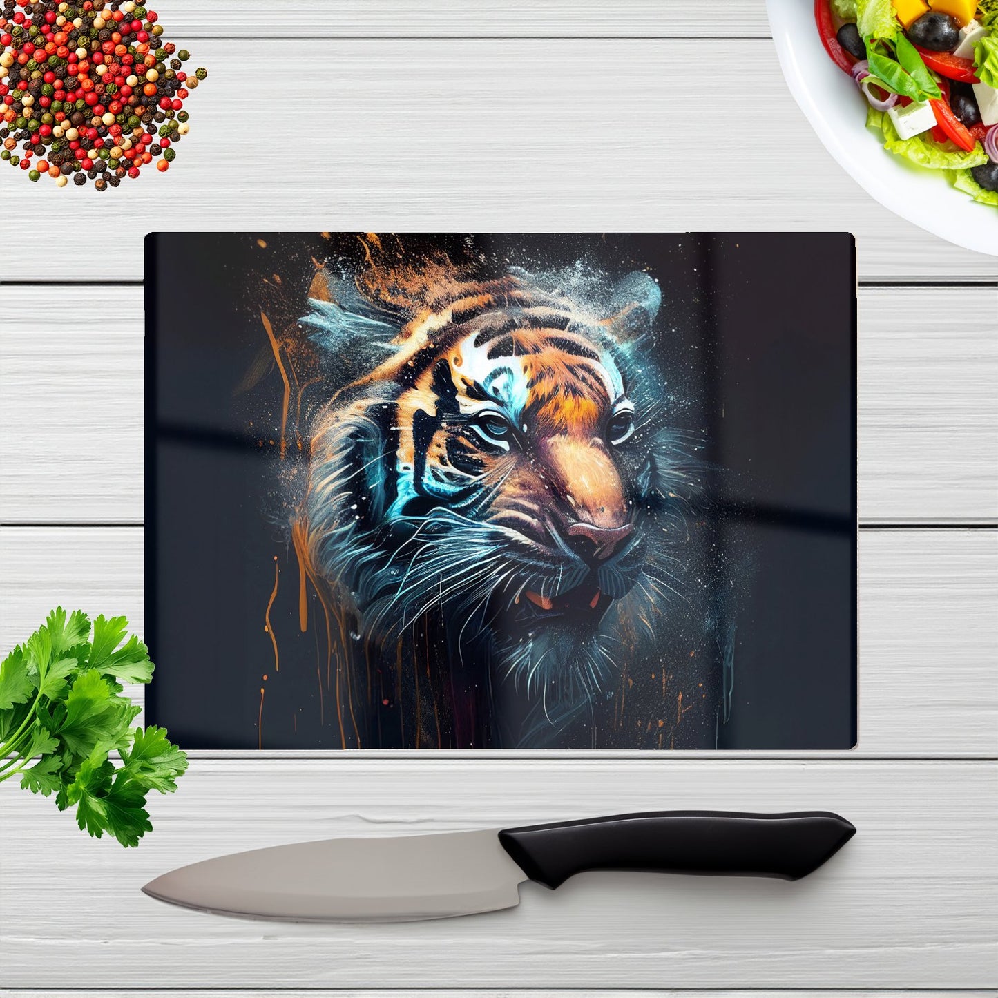 Tiger Face Splashart Dark Background Glass Chopping Board