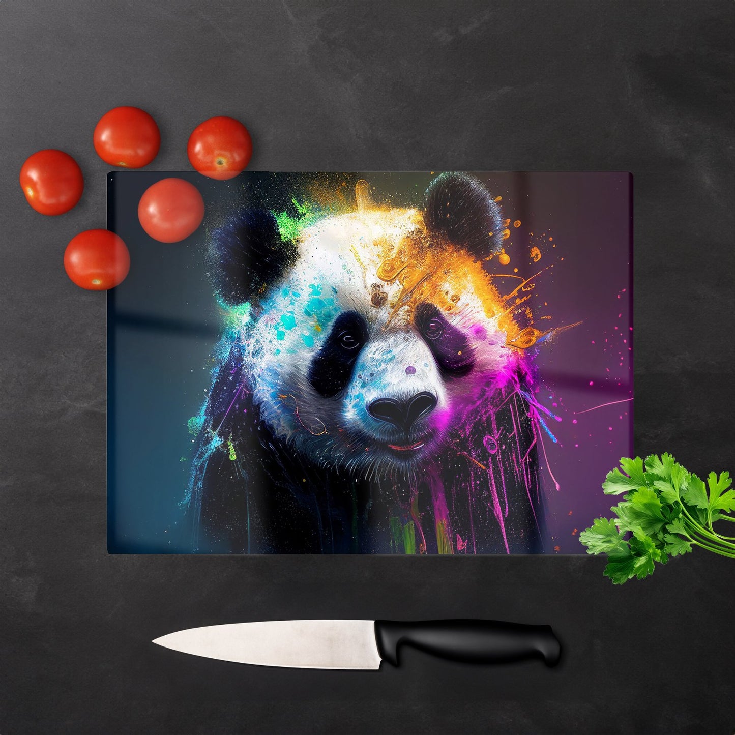 Panda Face Splashart Colourful Glass Chopping Board