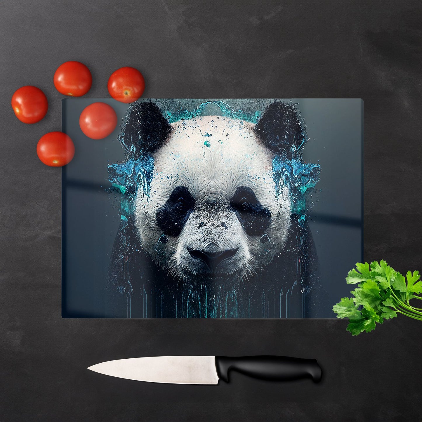 Panda Face Splashart Dark Background Glass Chopping Board