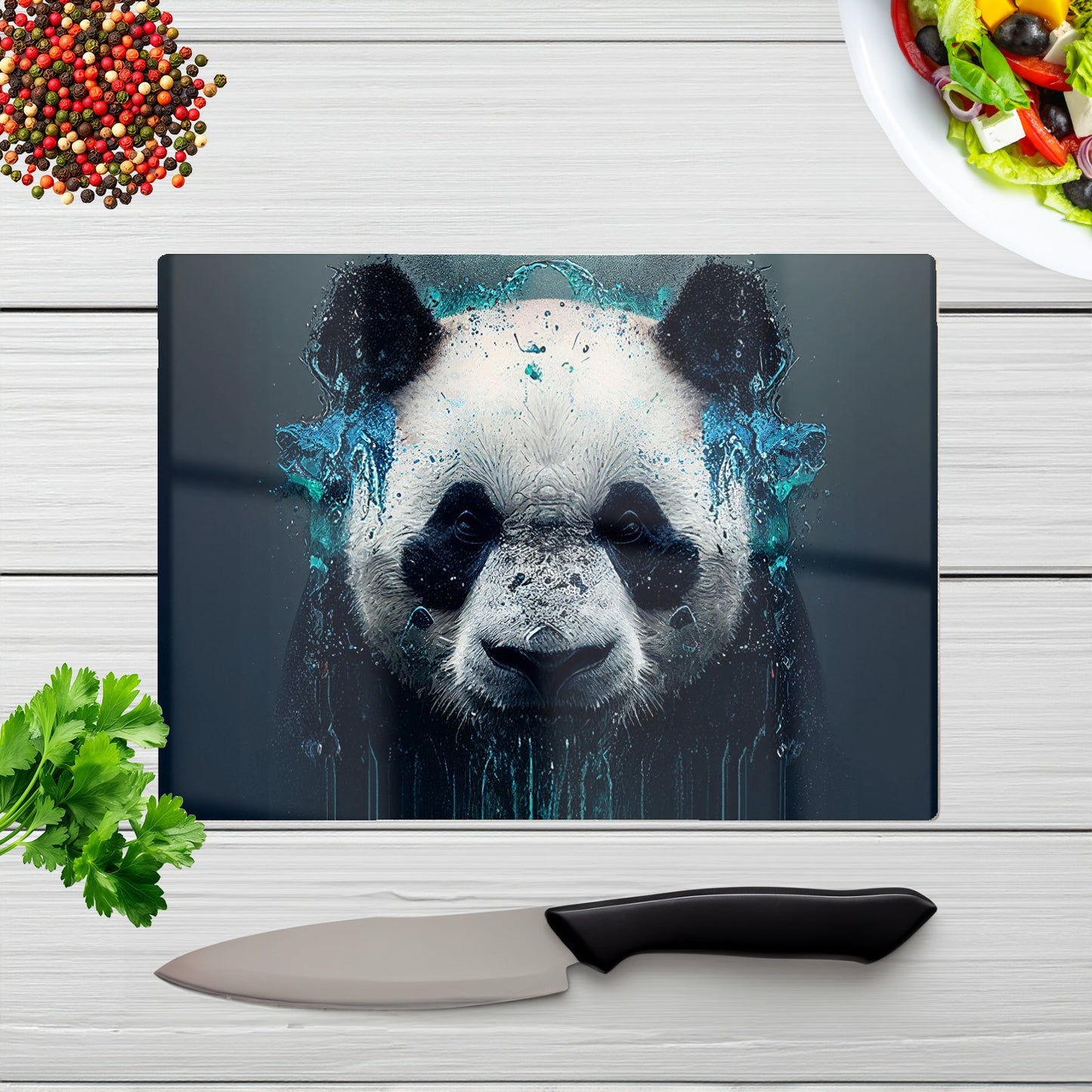 Panda Face Splashart Dark Background Glass Chopping Board