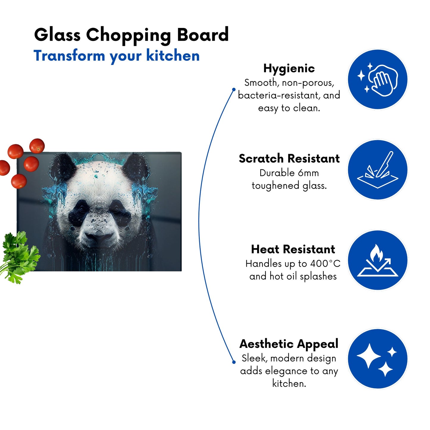 Panda Face Splashart Dark Background Glass Chopping Board