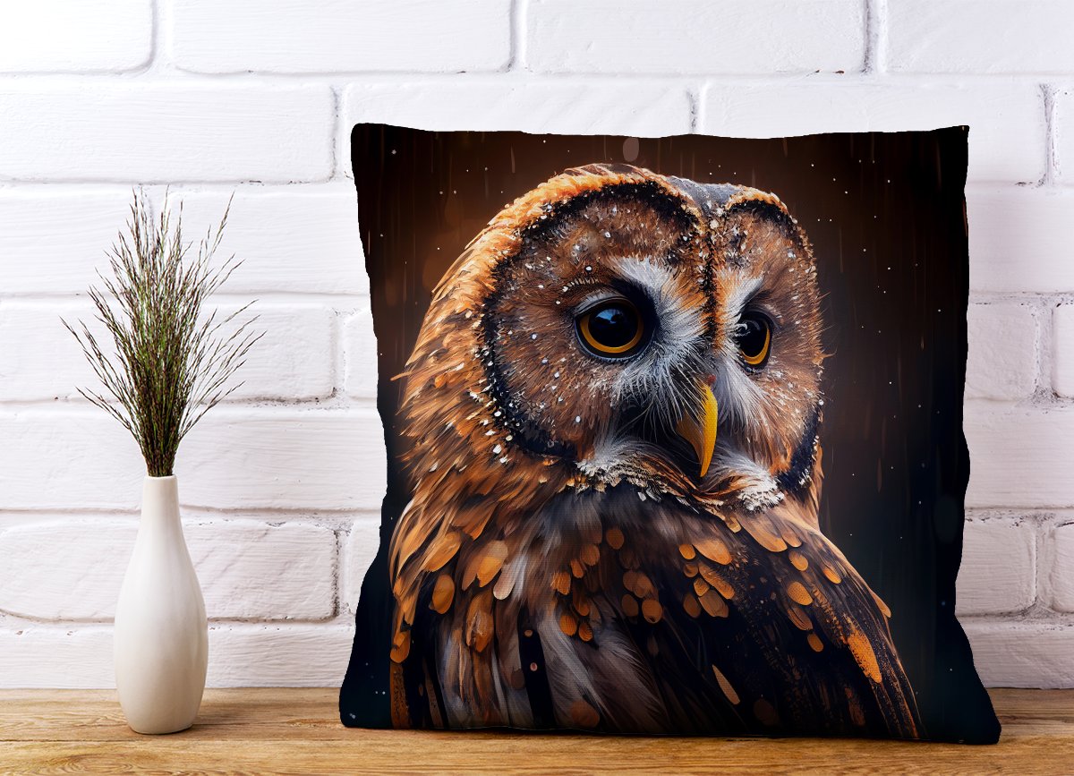 Tawny Owl Face Splashart Dark Background Cushions