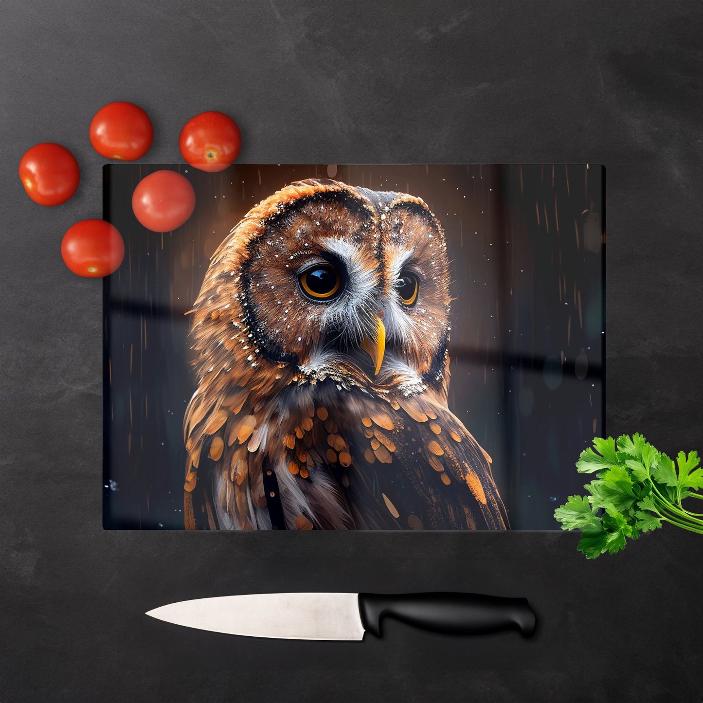 Tawny Owl Face Splashart Dark Background Glass Chopping Board