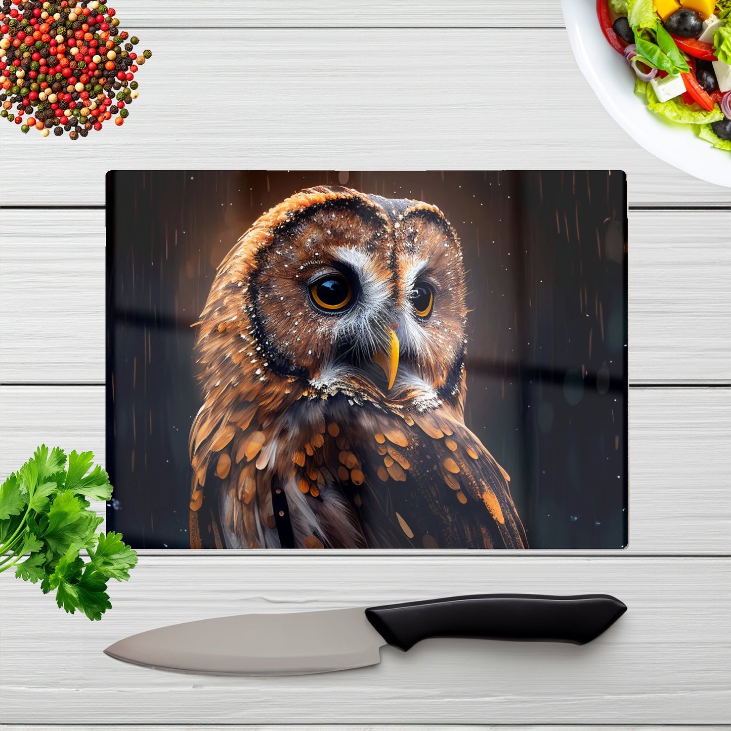 Tawny Owl Face Splashart Dark Background Glass Chopping Board