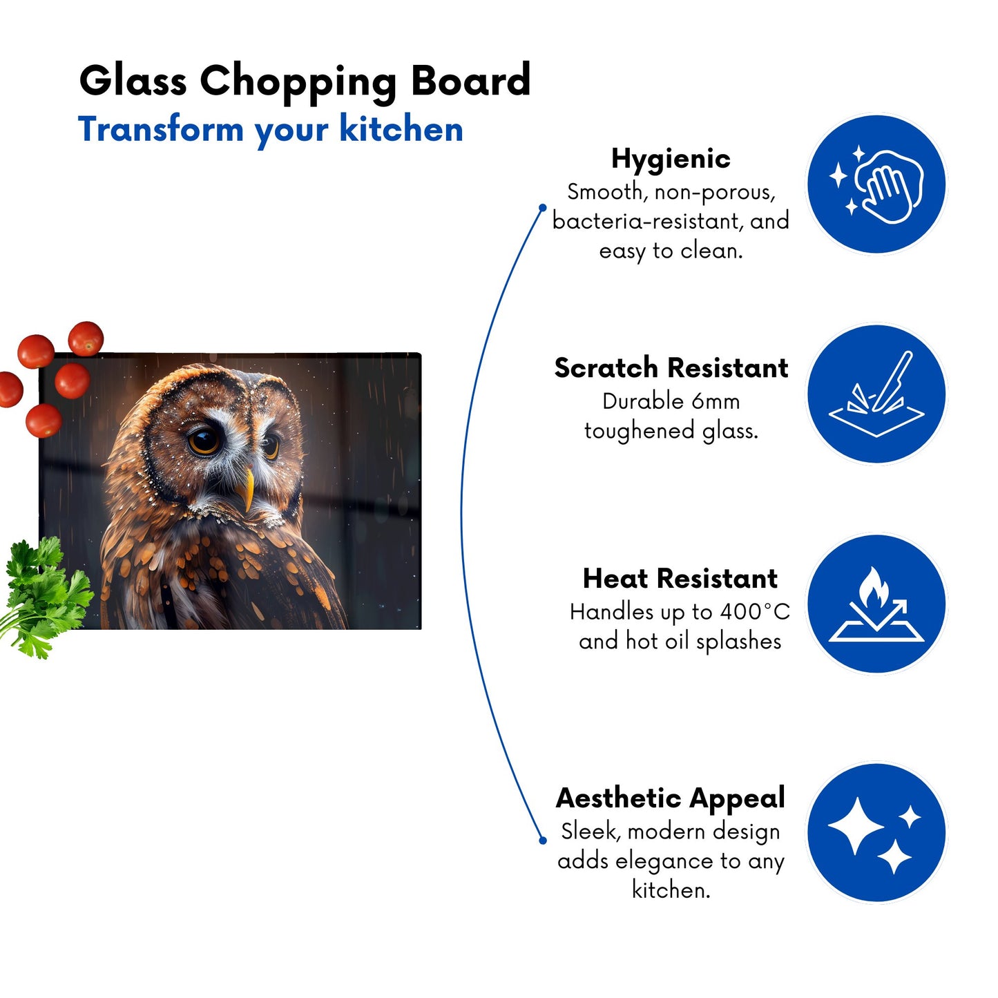 Tawny Owl Face Splashart Dark Background Glass Chopping Board