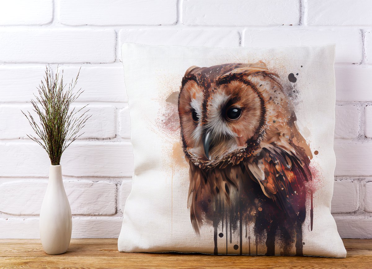 Tawny Owl Face Splashart Light Background Cushions