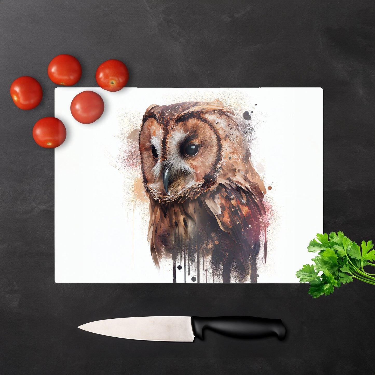Tawny Owl Face Splashart Light Background Glass Chopping Board