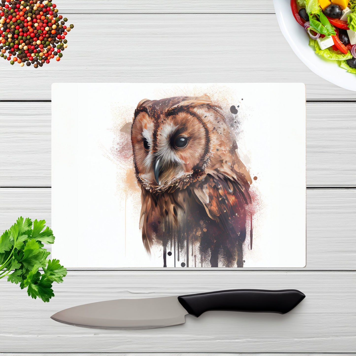 Tawny Owl Face Splashart Light Background Glass Chopping Board