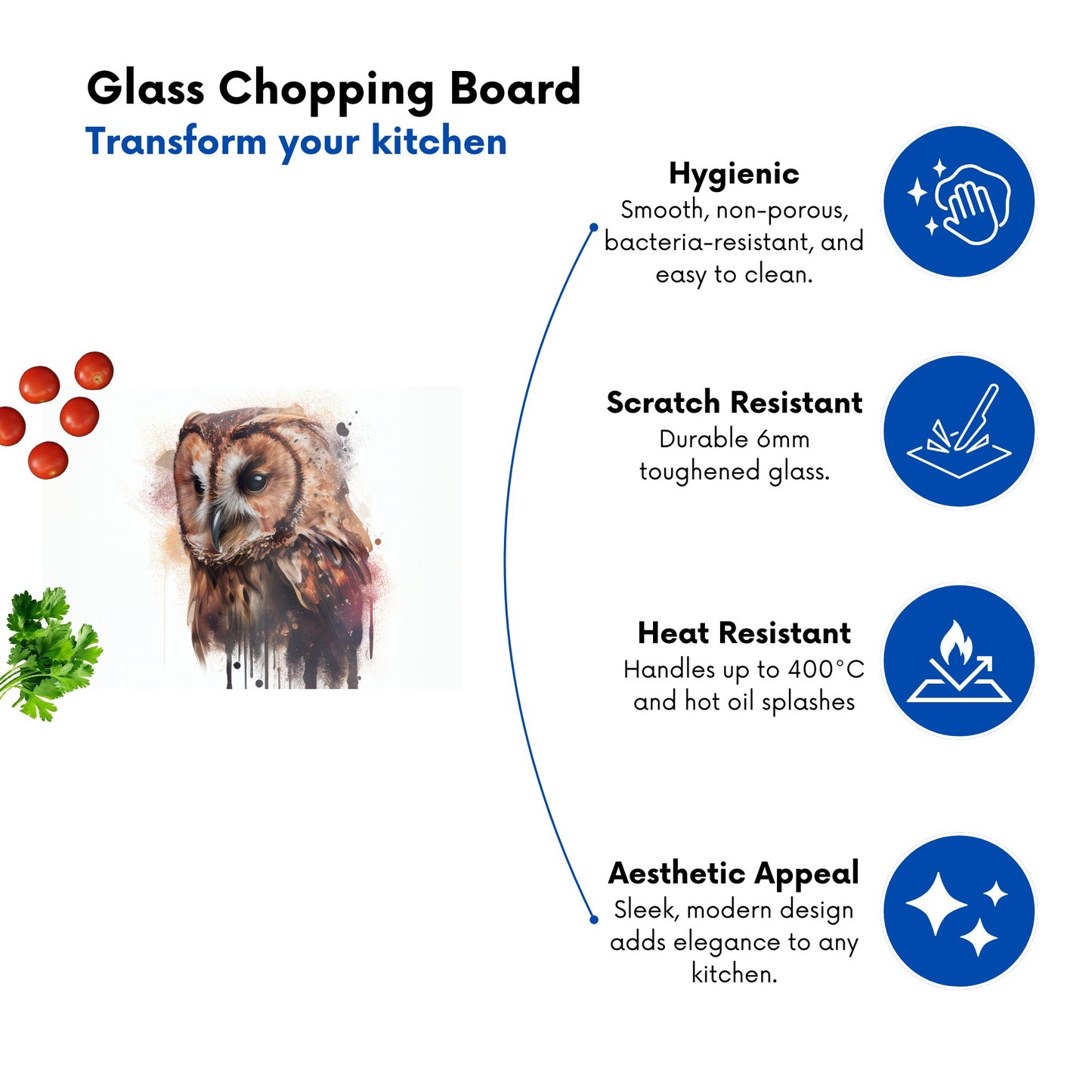 Tawny Owl Face Splashart Light Background Glass Chopping Board