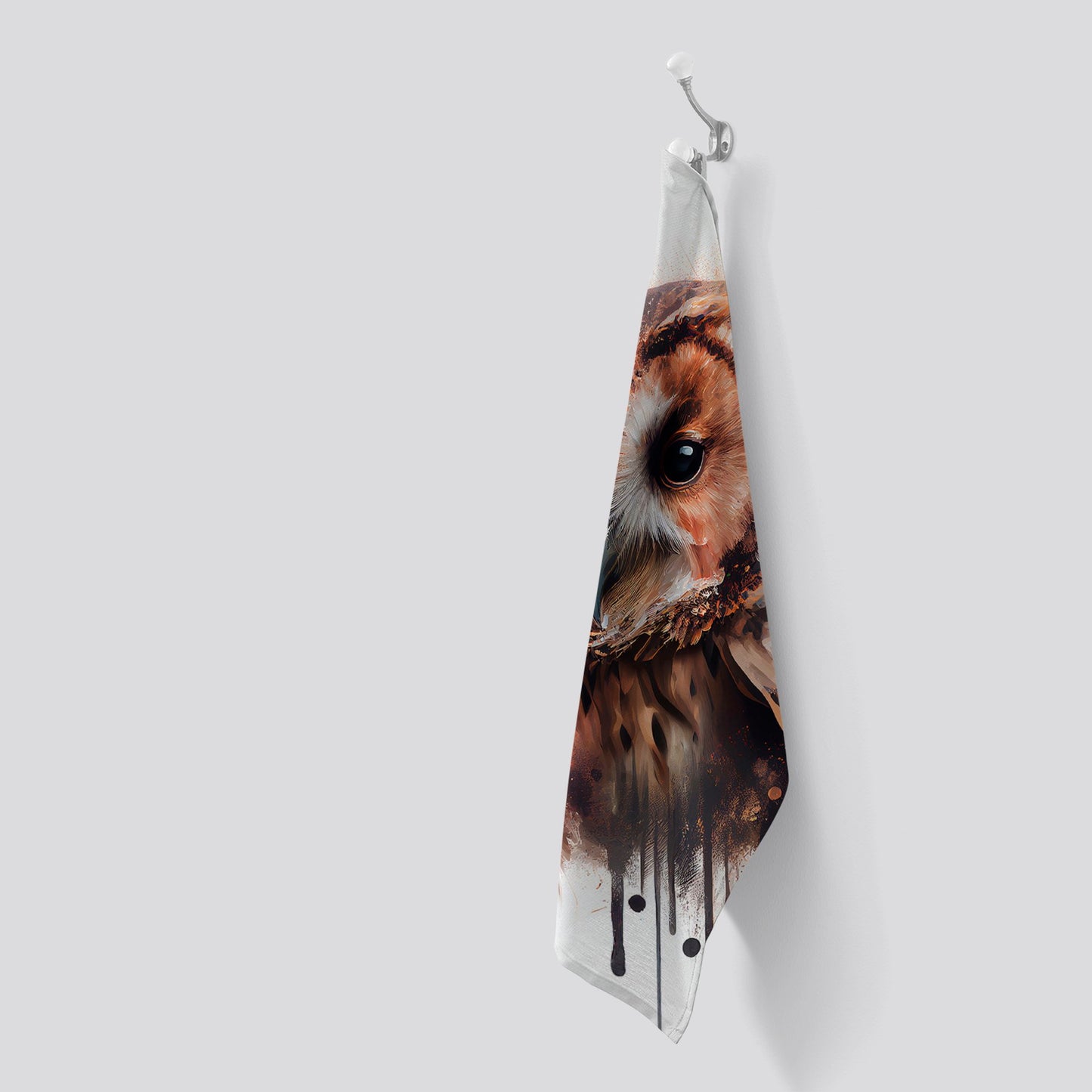 Tawny Owl Face Splashart Light Background Tea Towel