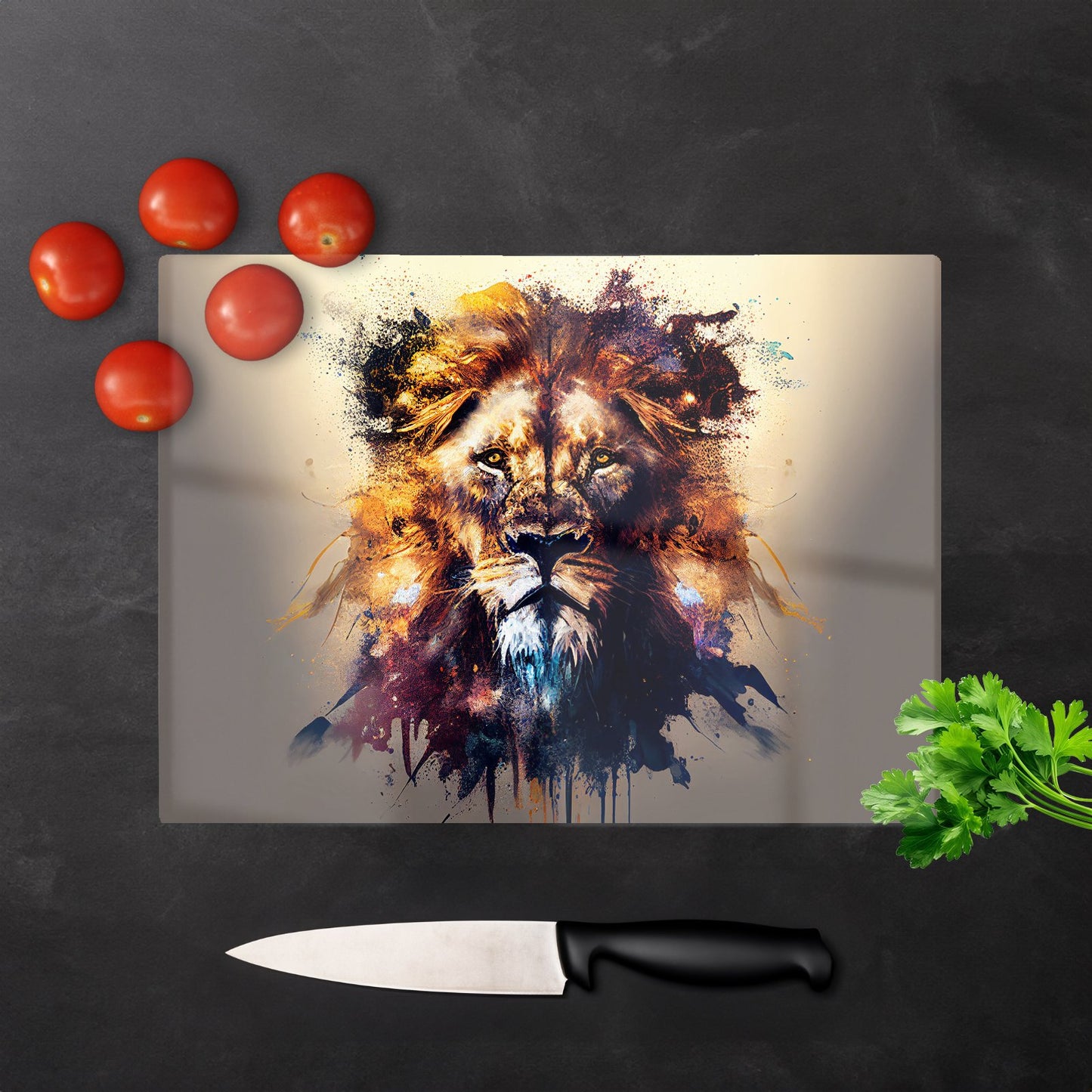 Majestic Lion Face Splashart Glass Chopping Board