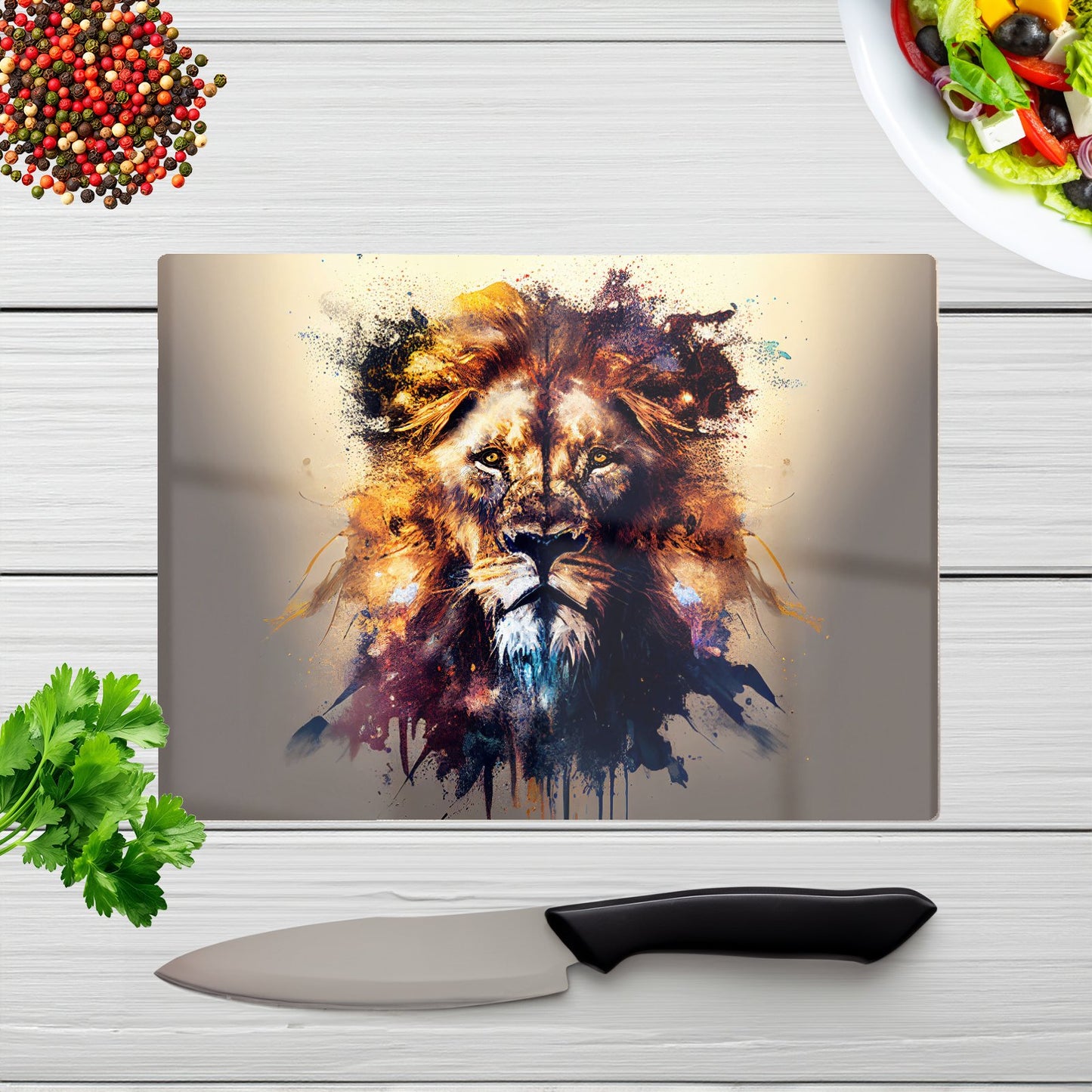 Majestic Lion Face Splashart Glass Chopping Board