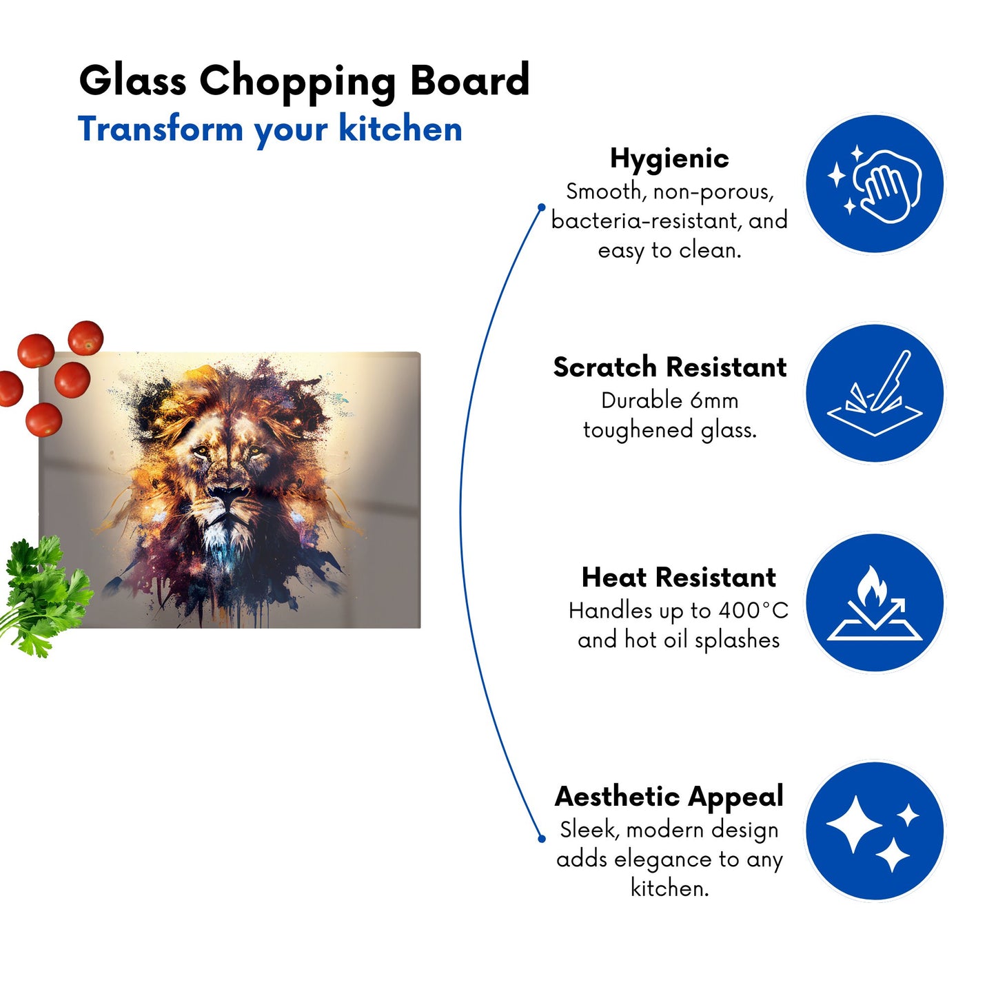 Majestic Lion Face Splashart Glass Chopping Board