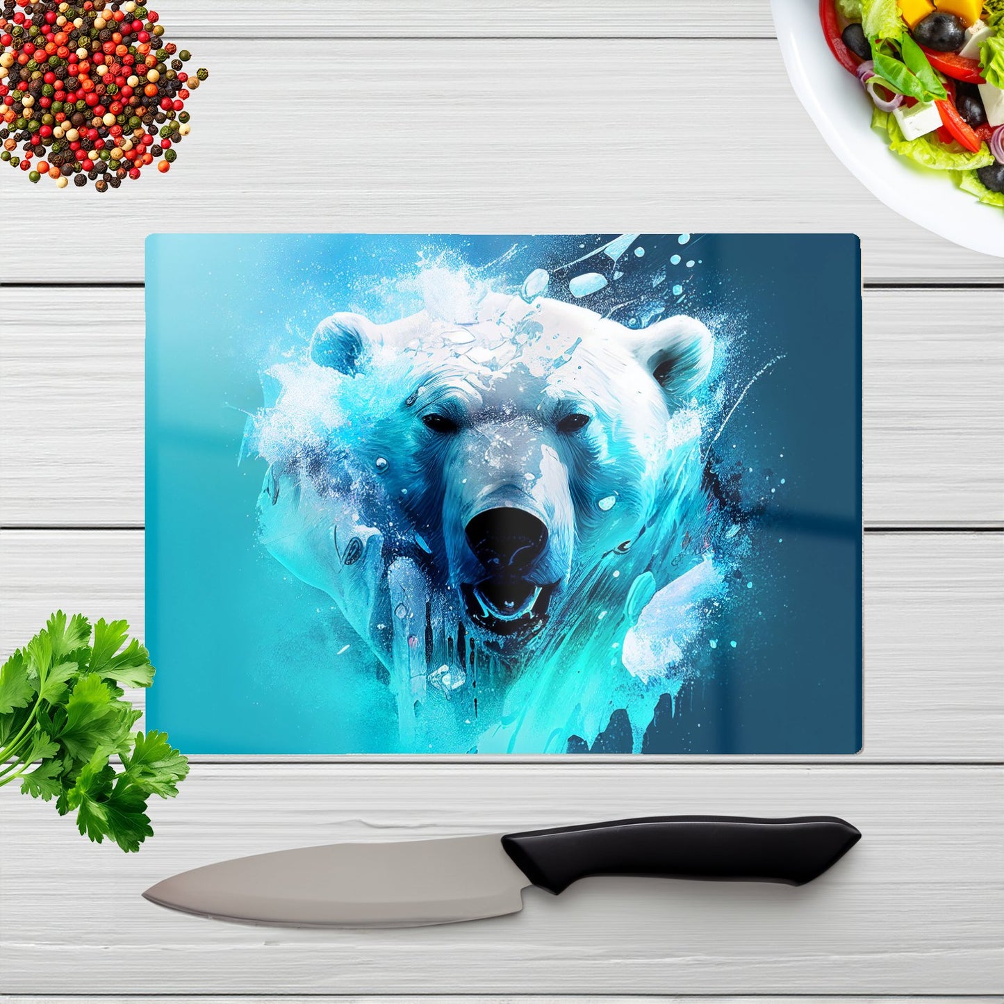 Polar Bear Face Splashart Glass Chopping Board