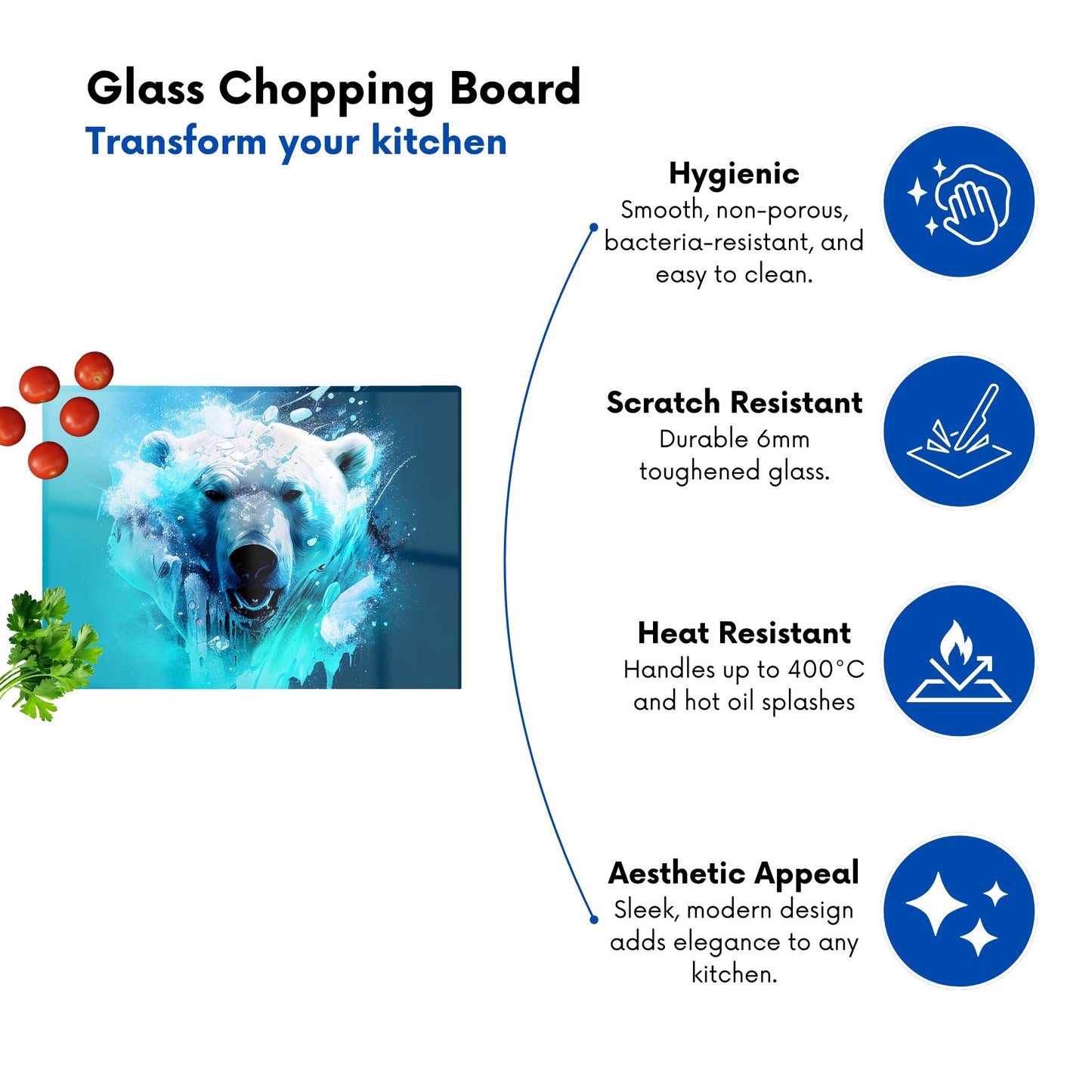 Polar Bear Face Splashart Glass Chopping Board