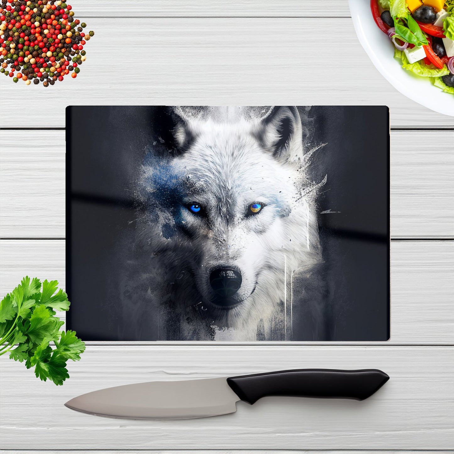 White Wolf Face Splashart Dark Backgrouns Glass Chopping Board