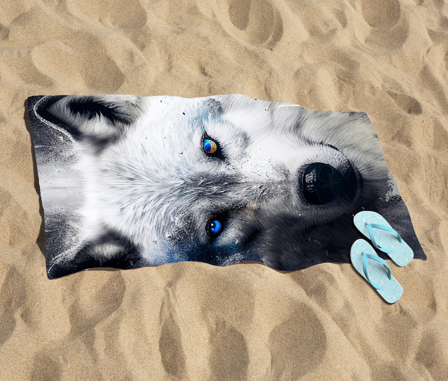 White Wolf Face Splashart Dark Backgrouns Beach Towel