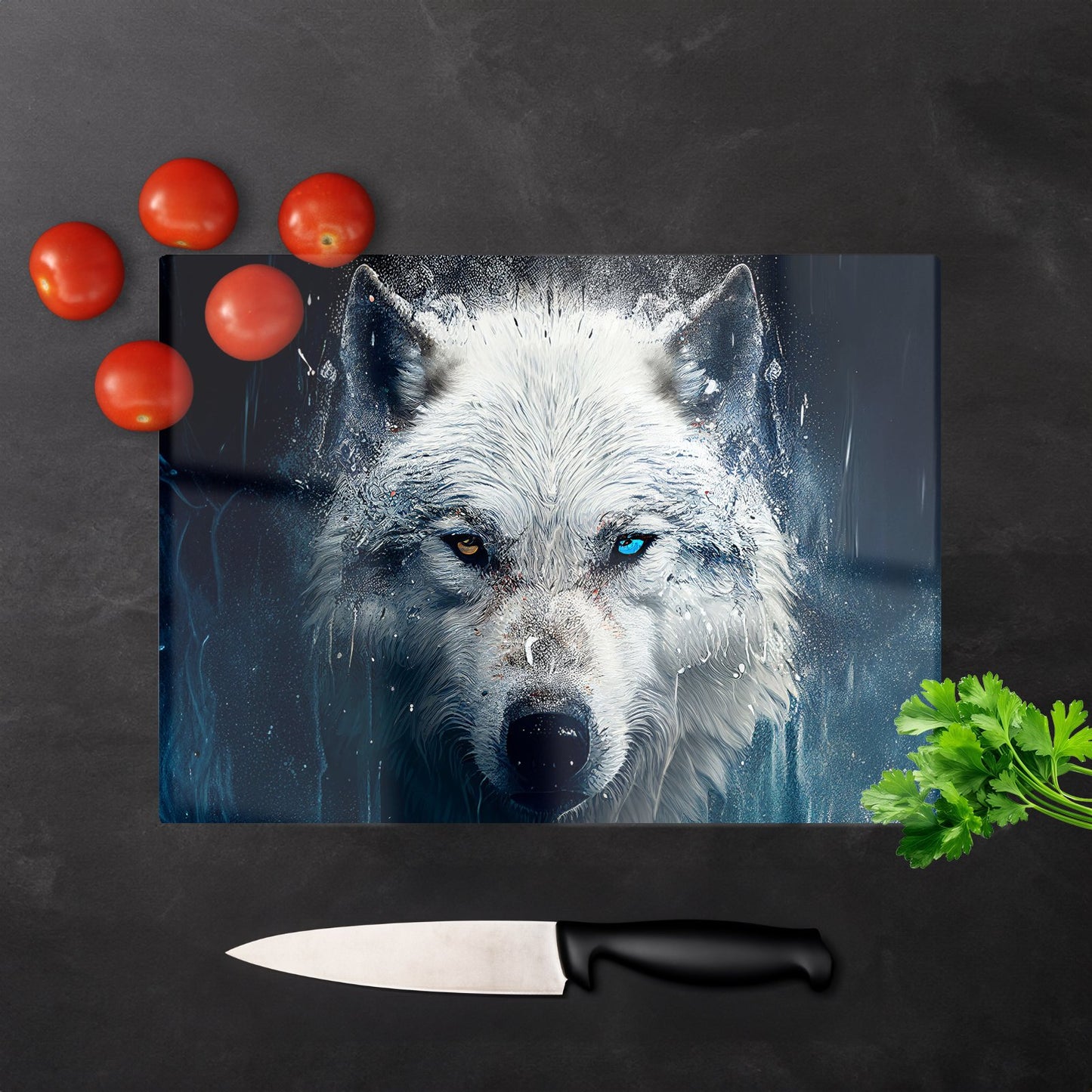 White Wolf Face Splashart Glass Chopping Board