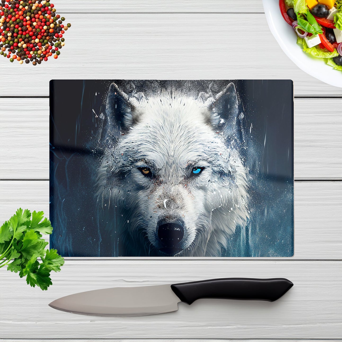 White Wolf Face Splashart Glass Chopping Board