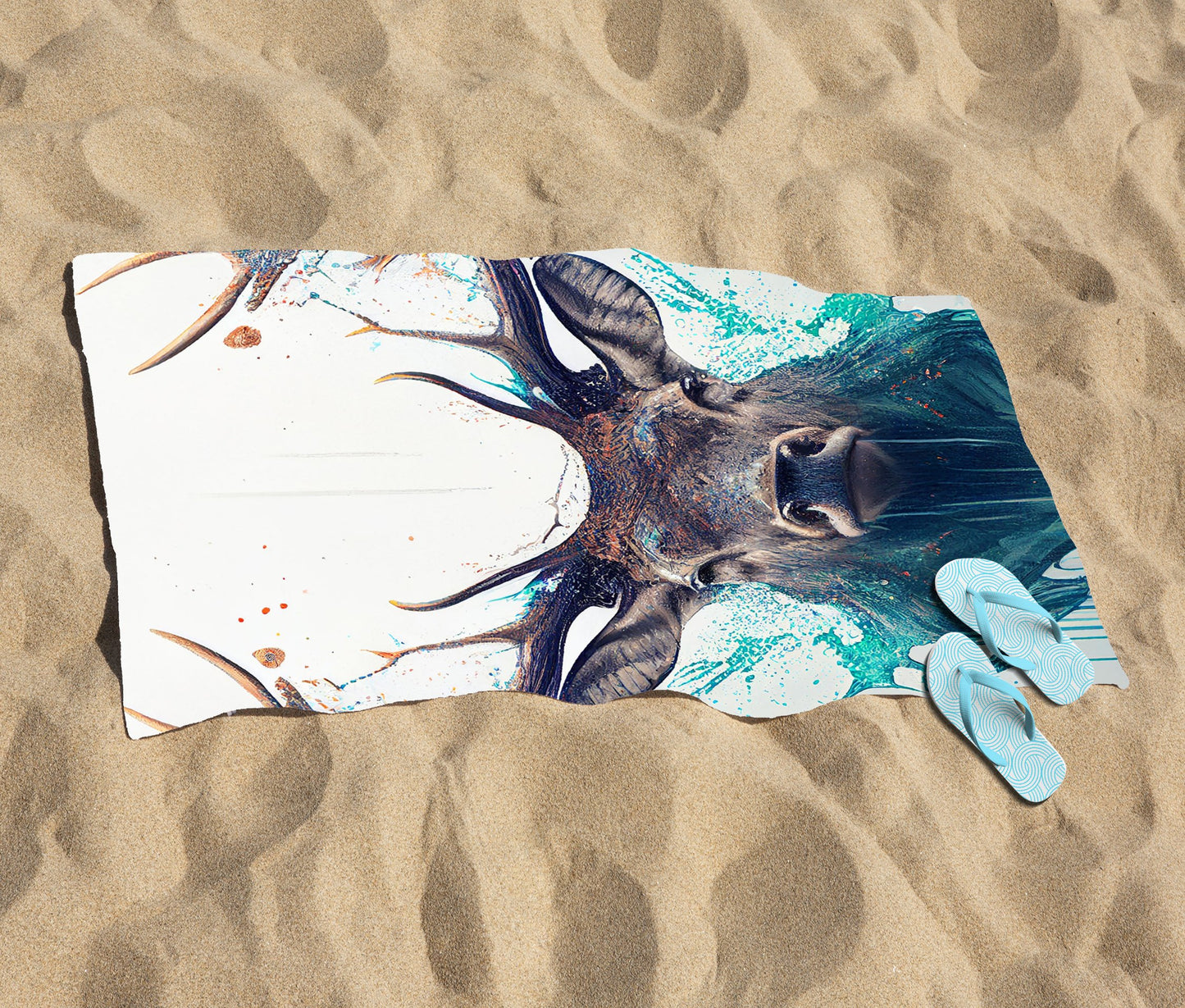 Stag Face Splashart Beach Towel