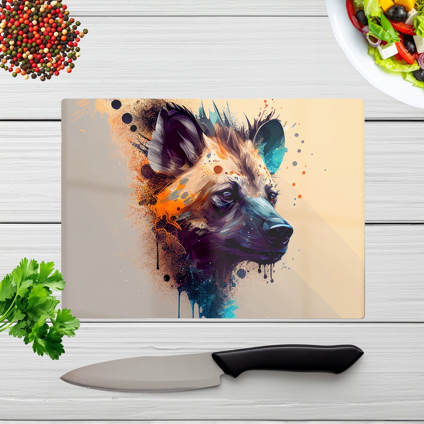 Hyena Face Splashart Light Background Glass Chopping Board