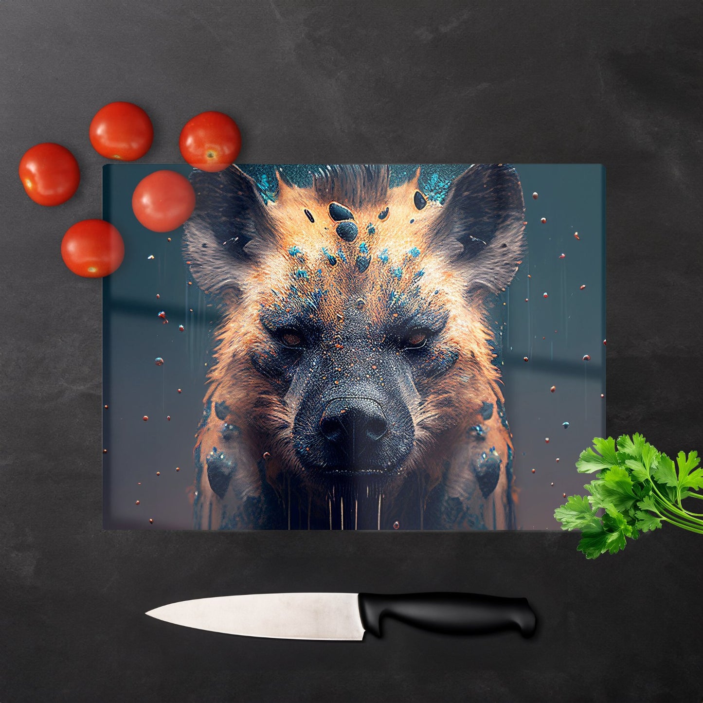 Hyena Face Splashart Dark Background Glass Chopping Board