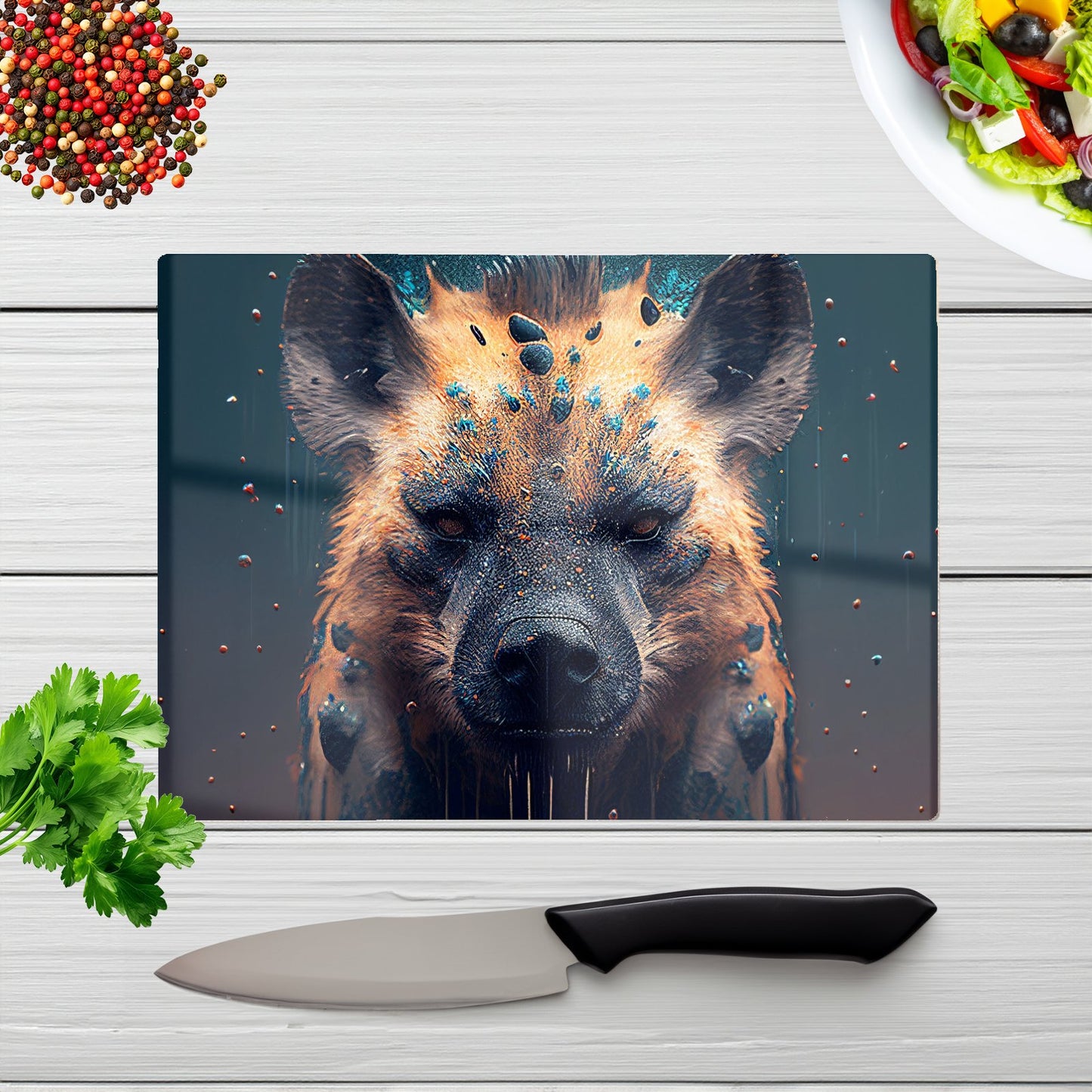 Hyena Face Splashart Dark Background Glass Chopping Board