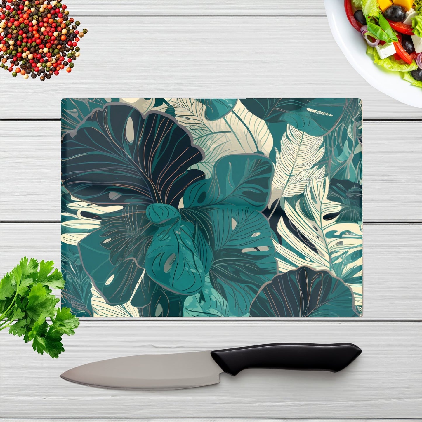 Tropical Green Leaves Glass Chopping Board